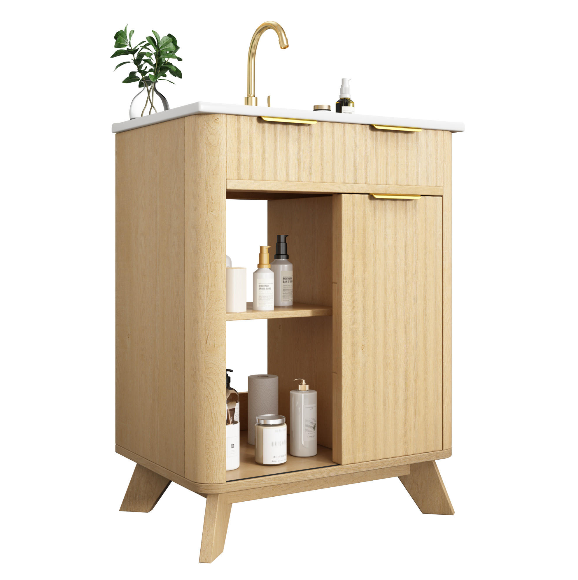 WASCHTISCHKOMMODE aus MDF und Keramik 61x47x90 cm Naturholz mit Schiebetür, 3 Schubladen und Keramikwaschbecken - Eichefarben, Keramik (61/90/47cm) - Modfu