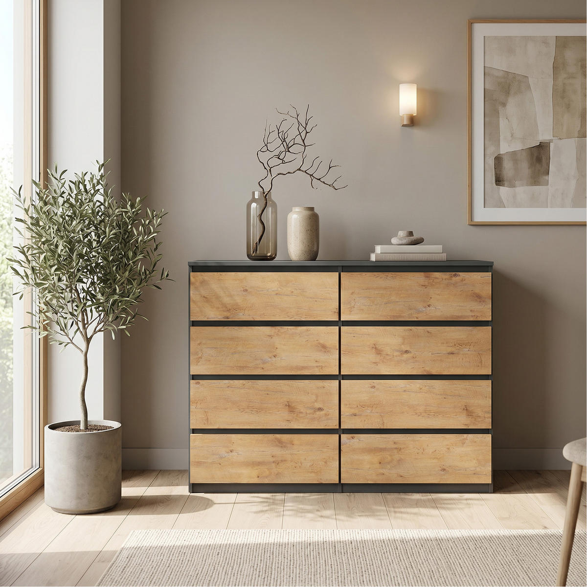 KOMMODE NUDO 120/101,5/39cm mit 8 Schubladen Türen Anthrazit - Eichefarben/Anthrazit, Holzwerkstoff (120/101.5/39cm) - MASSENO