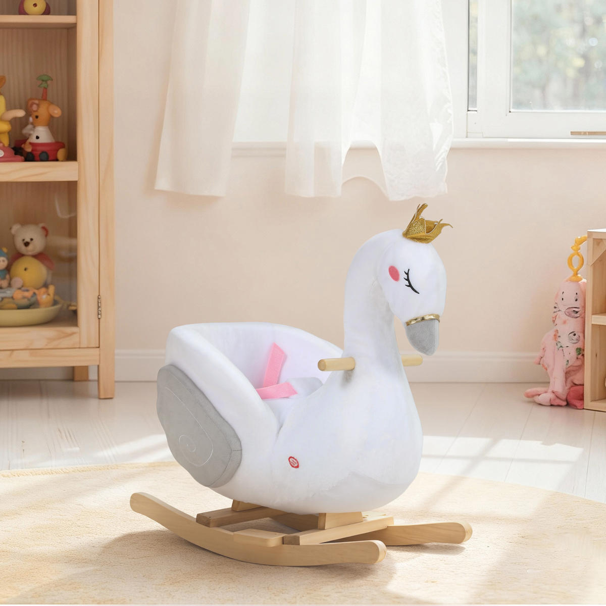 SCHAUKELTIER, Schwan-Schaukel mit Schlaflied weicher Füllung Holzrahmen Plüsch - Weiß, Textil (40/68/65cm) - AIYAPLAY