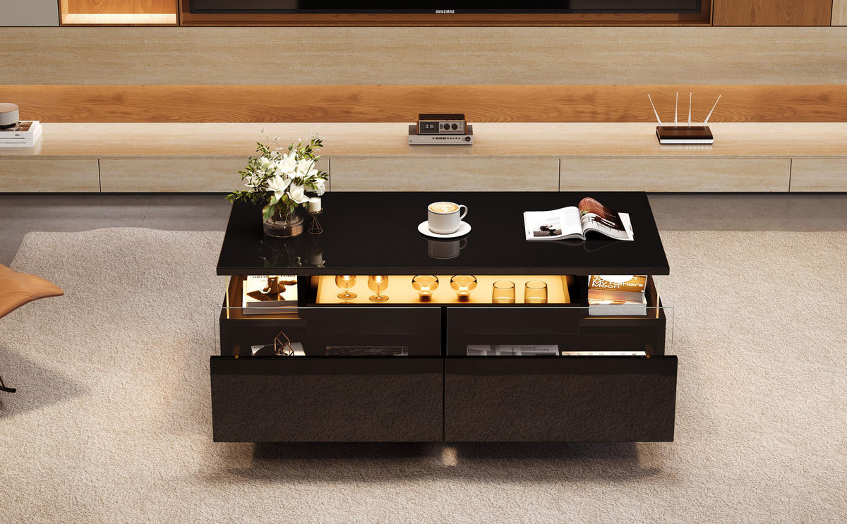 COUCHTISCH 90/45/35,5 cm Schwarz aus Holzwerkstoff mit abnehmbarem Tablett und LED-Licht - Schwarz, Holzwerkstoff (90/45/35.5cm) - OKWISH