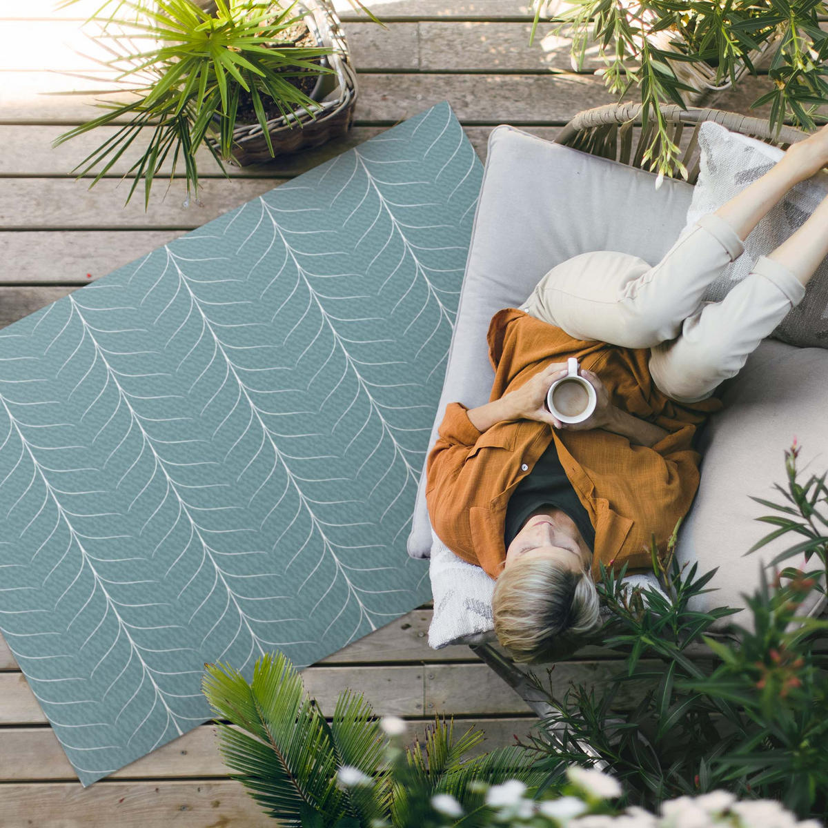 TEPPICH 150x225 cm Lineares Minimal Fischgrät Muster - Türkis, Kunststoff (150/225cm) - Wallfluent