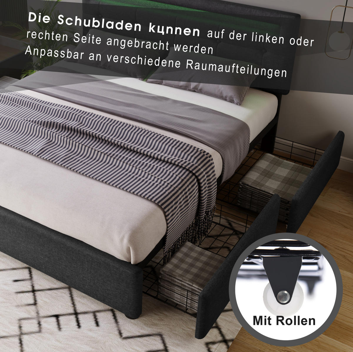 POLSTERBETT 140/200 cm mit LED-Beleuchtung, 4 Schubladen, verstellbarem Kopfteil und Matratze, Grau - Grau, Textil (140/200cm) - Redom