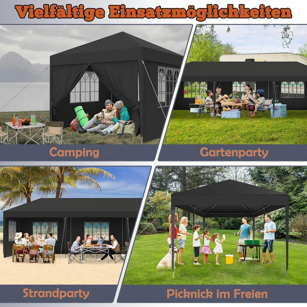 GARTENPAVILLON 3x6m Anthrazit Wasserdicht mit Seitenteilen und Fenstern - Schwarz, Kunststoff (300/250/600cm)