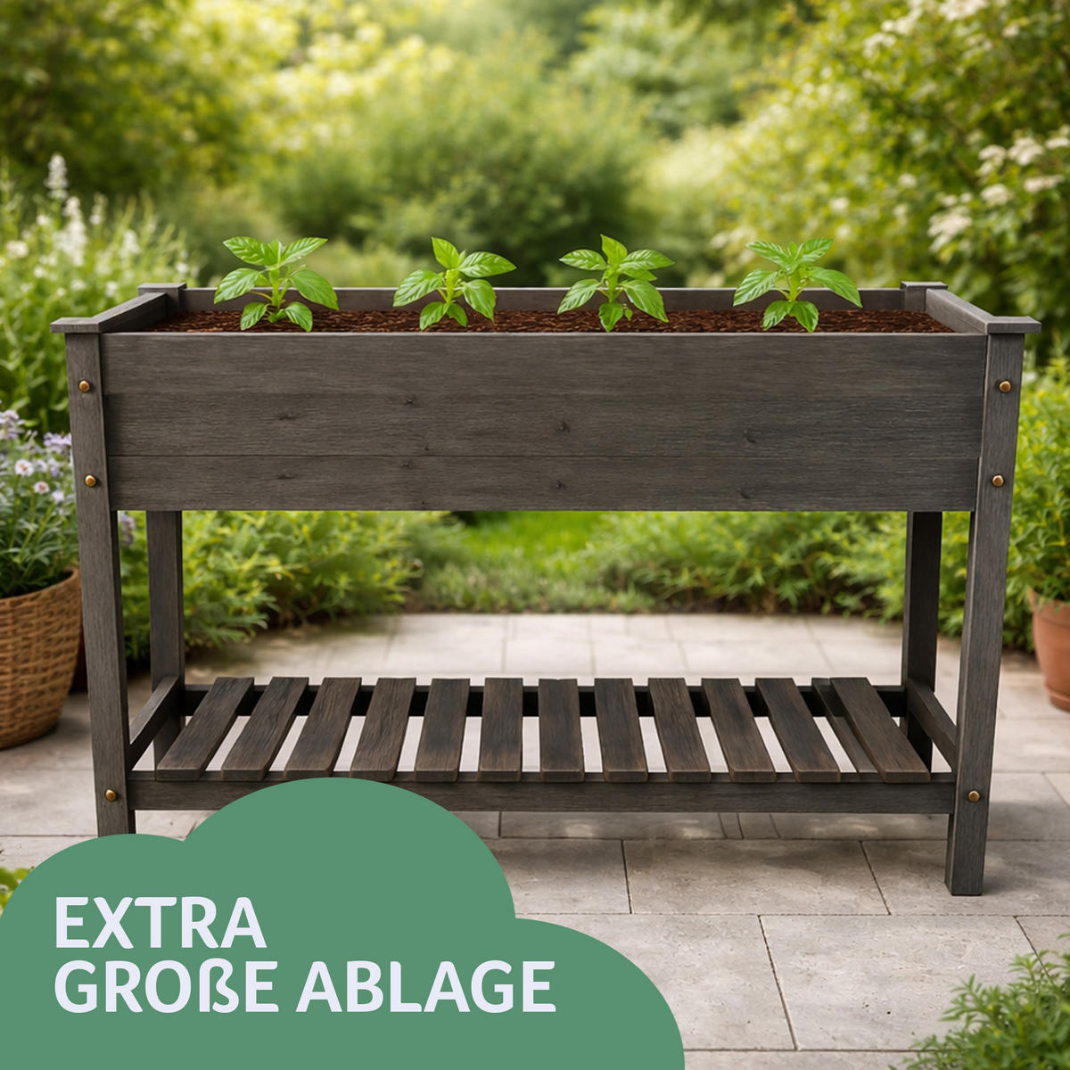 HOCHBEET inkl. Vlieseinsatz und Ablageboden Tannenholz 85x45x81 cm - Grau, Naturmaterialien (85/81/45cm) - Bestlivings