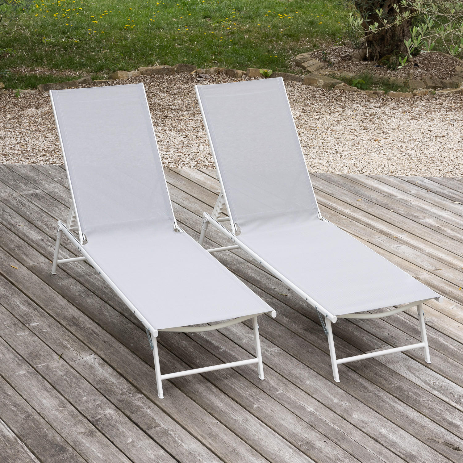 SONNENLIEGEN Sicilia Grau und Weiß 2er-Set - Grau, Kunststoff (54/87.5/182cm) - Happy Garden