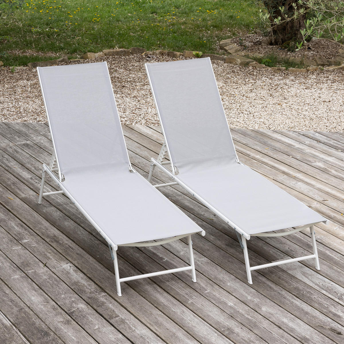 SONNENLIEGEN Sicilia Grau und Weiß 2er-Set - Grau, Kunststoff (54/87.5/182cm) - Happy Garden