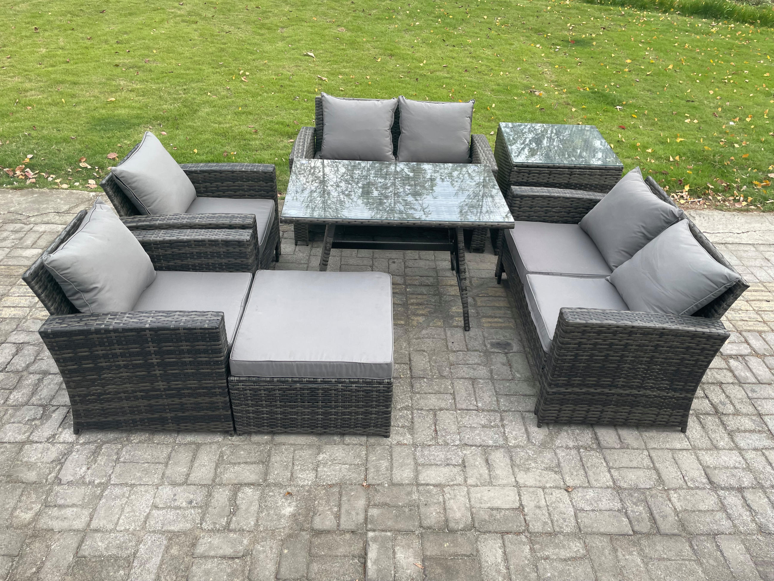 GARTENMÖBELSET mit ESSTISCH,HOCHLEHNER-SOFA Polyrattan Dunkelgrauer Mix 7-Sitzer - Dunkelgrau/Grau, Glas/Kunststoff - Fimous