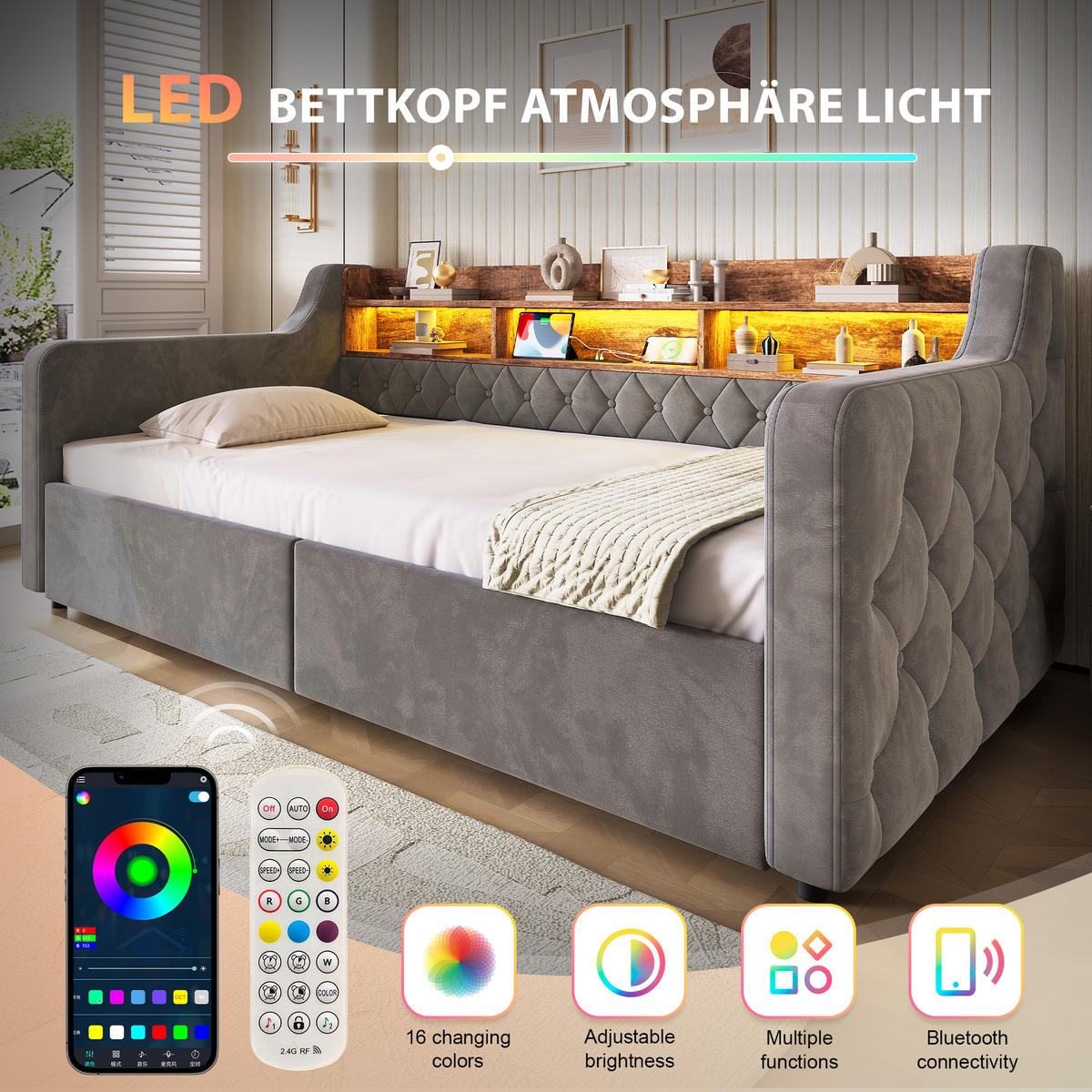 TAGESBETT 90/190 mit Schubladen & Regal, USB-C Ladeanschlüsse/LED, Samt, Dunkelgrau - Dunkelgrau, Holz (90/190cm) - LVHOM
