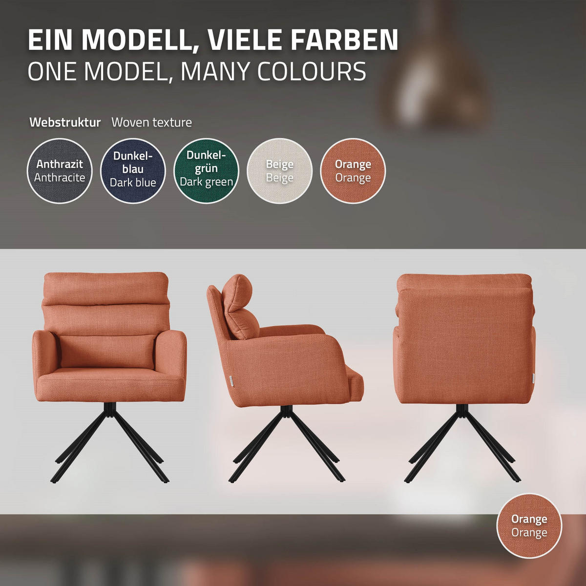 ESSZIMMERSTUHL drehbar Orange Stoffbezug - Schwarz/Orange, Textil/Metall (64.5/93/64cm) - ML-DESIGN