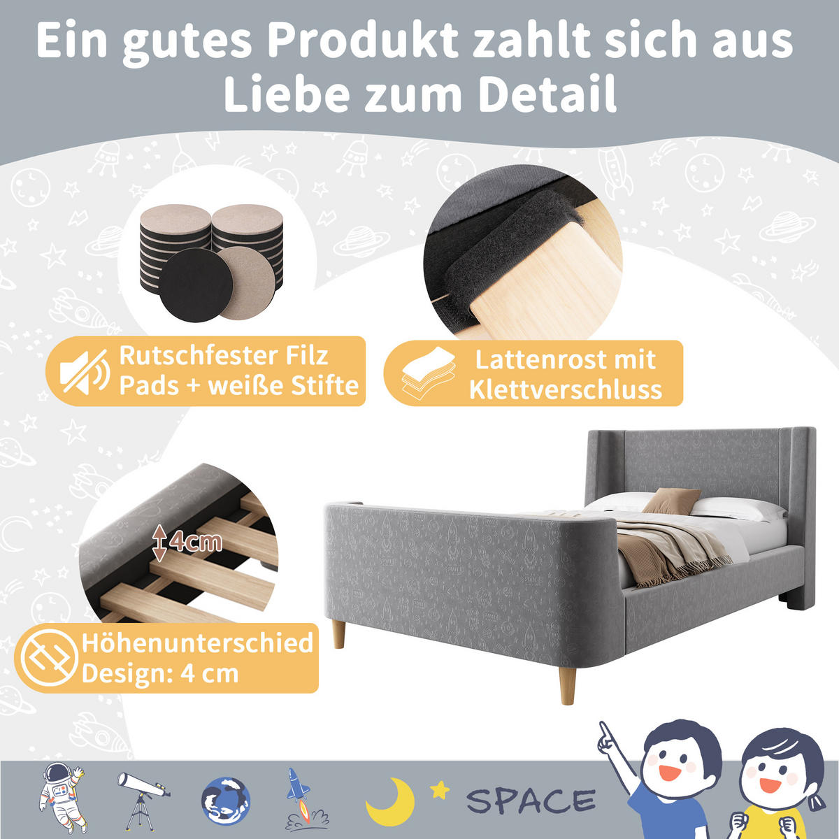 KINDEREINZELBETTEN aus Samt 90x200 cm in Grau mit Weltraummuster - Grau, Textil (90/200cm) - Modfu