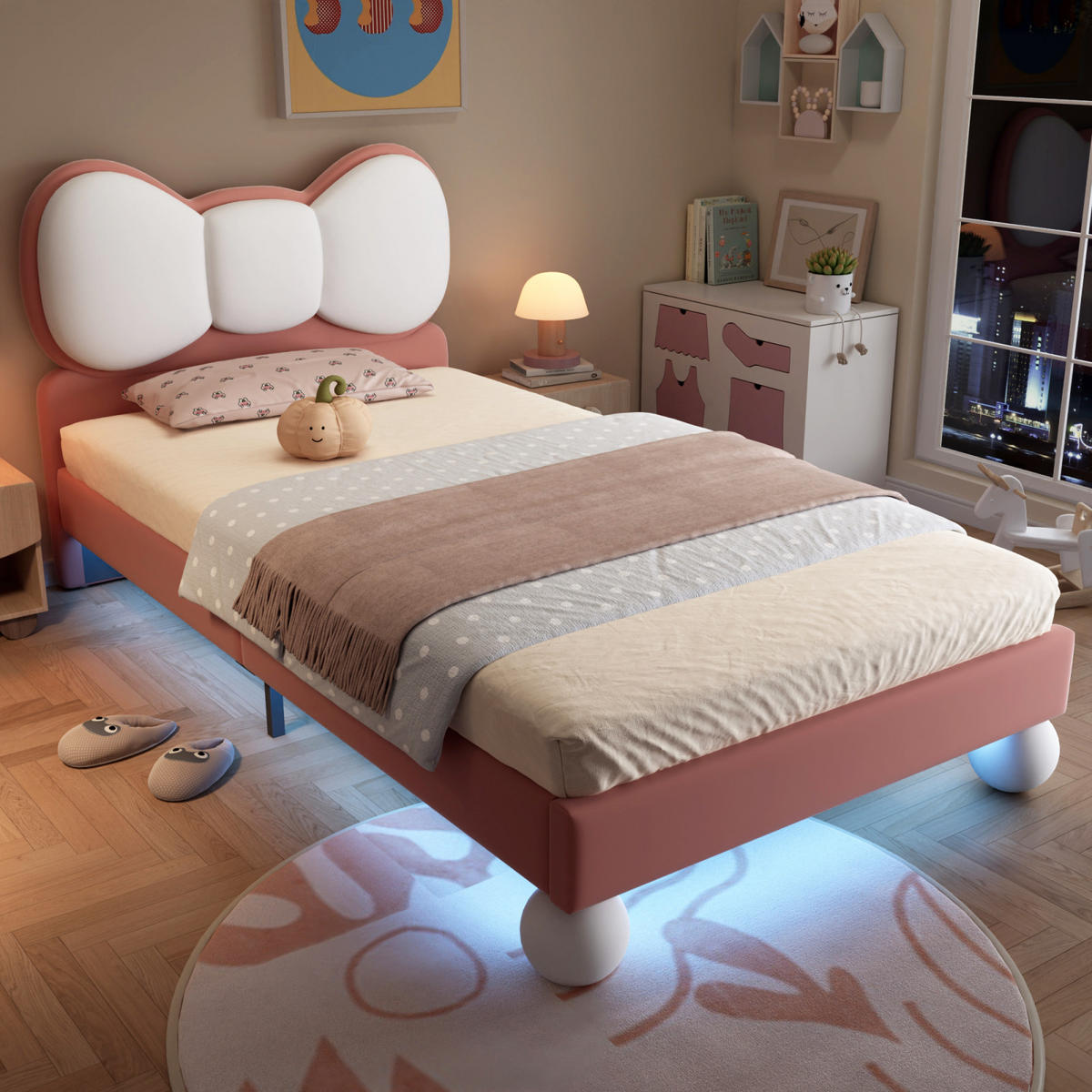 KINDERBETT 90/200 Polsterbett mit LED, Fliege-Kopfteil, Samt, Beige-Rosa - Rosa, Holz/Textil (90/200cm) - PARAFTA HOME