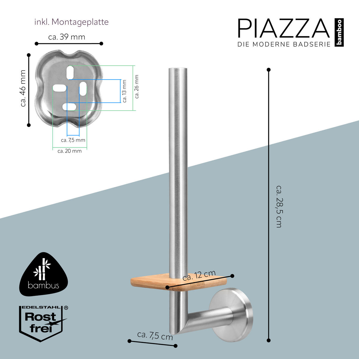 ERSATZROLLENHALTER PIAZZA, Edelstahl und Bambus - Braun, Metall (7.5/28.5/12cm) - bremermann