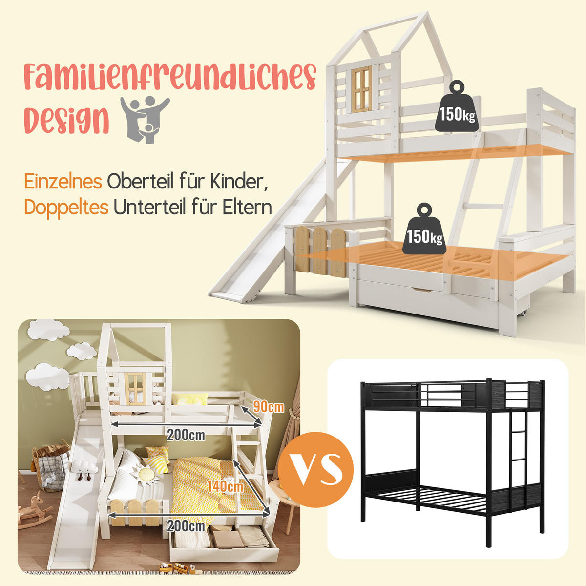 HOCHBETT aus Holz/MDF 90/140x200 cm in Weiß mit Rutsche & Schublade - Weiß, Holzwerkstoff (90/200cm) - Modfu