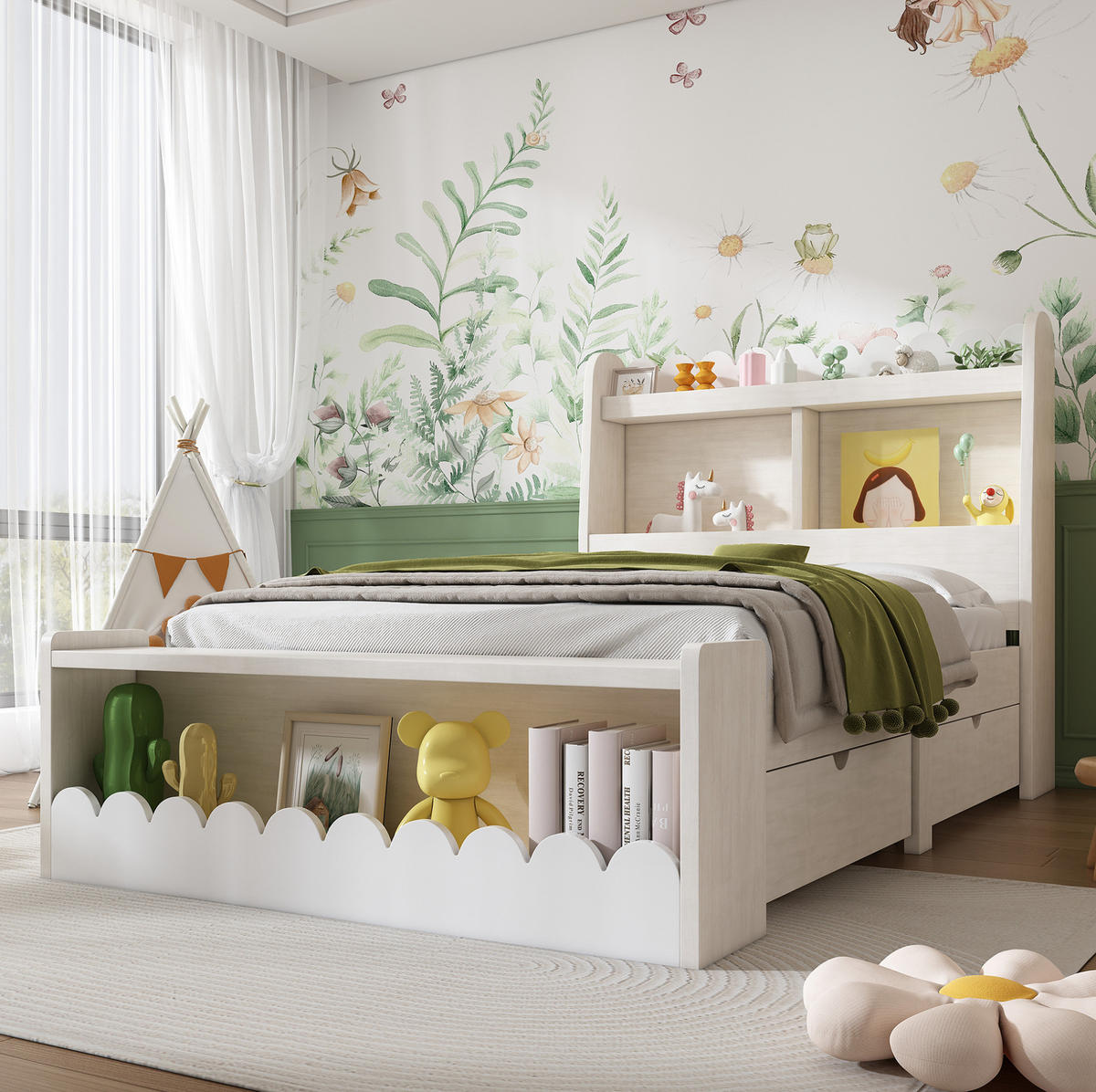 DĚTSKÁ postel 90/190 cm bílá a světlý dub z masivu a MDF s úložnými zásuvkami - bílá, kompozitní dřevo (90/190cm) - OKWISH