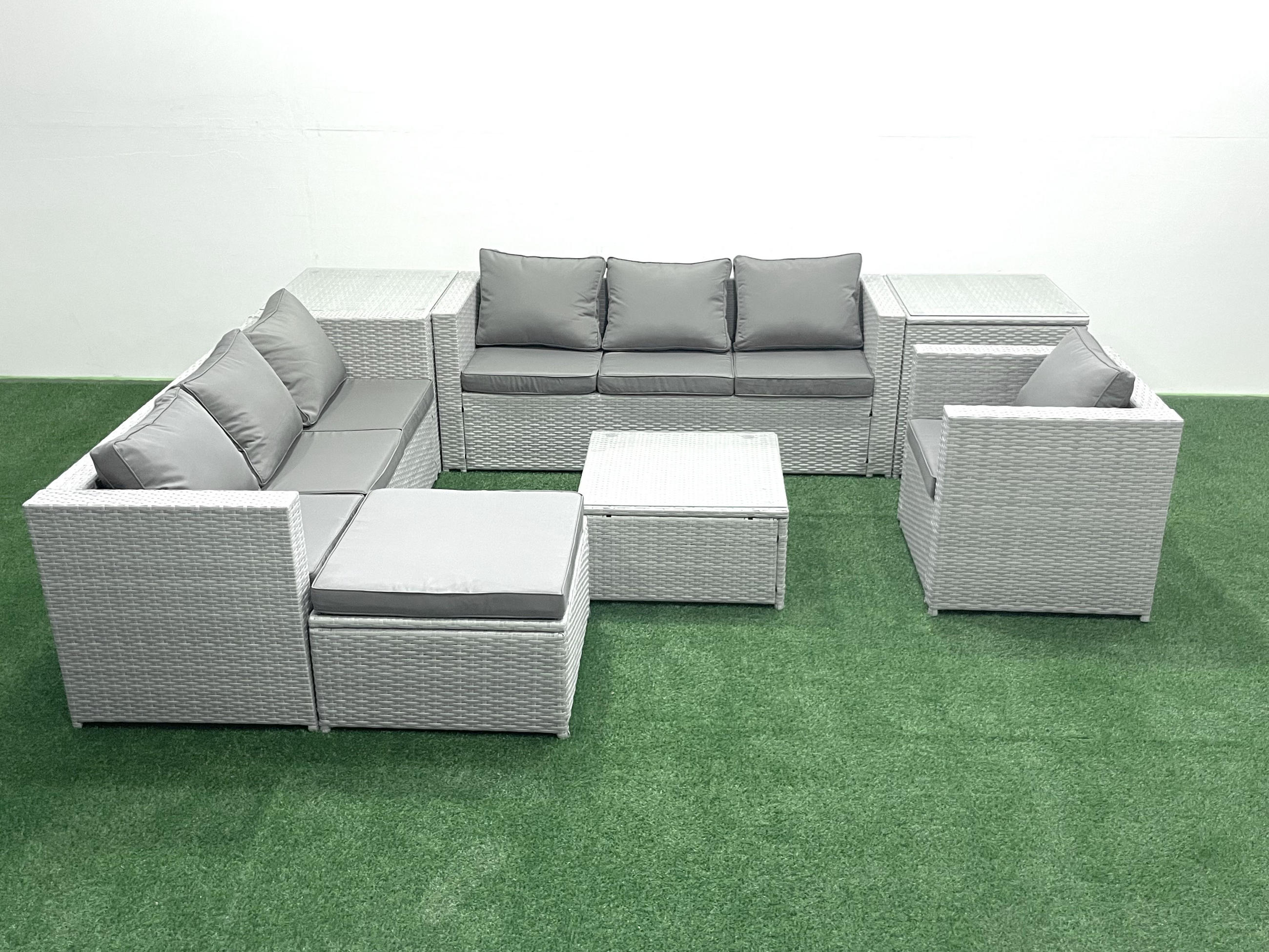 GARTENMÖBEL-SET mit Kissen Polyrattan Hellgrau-Mix 8-Sitzer - Hellgrau/Grau, Glas/Kunststoff - Fimous