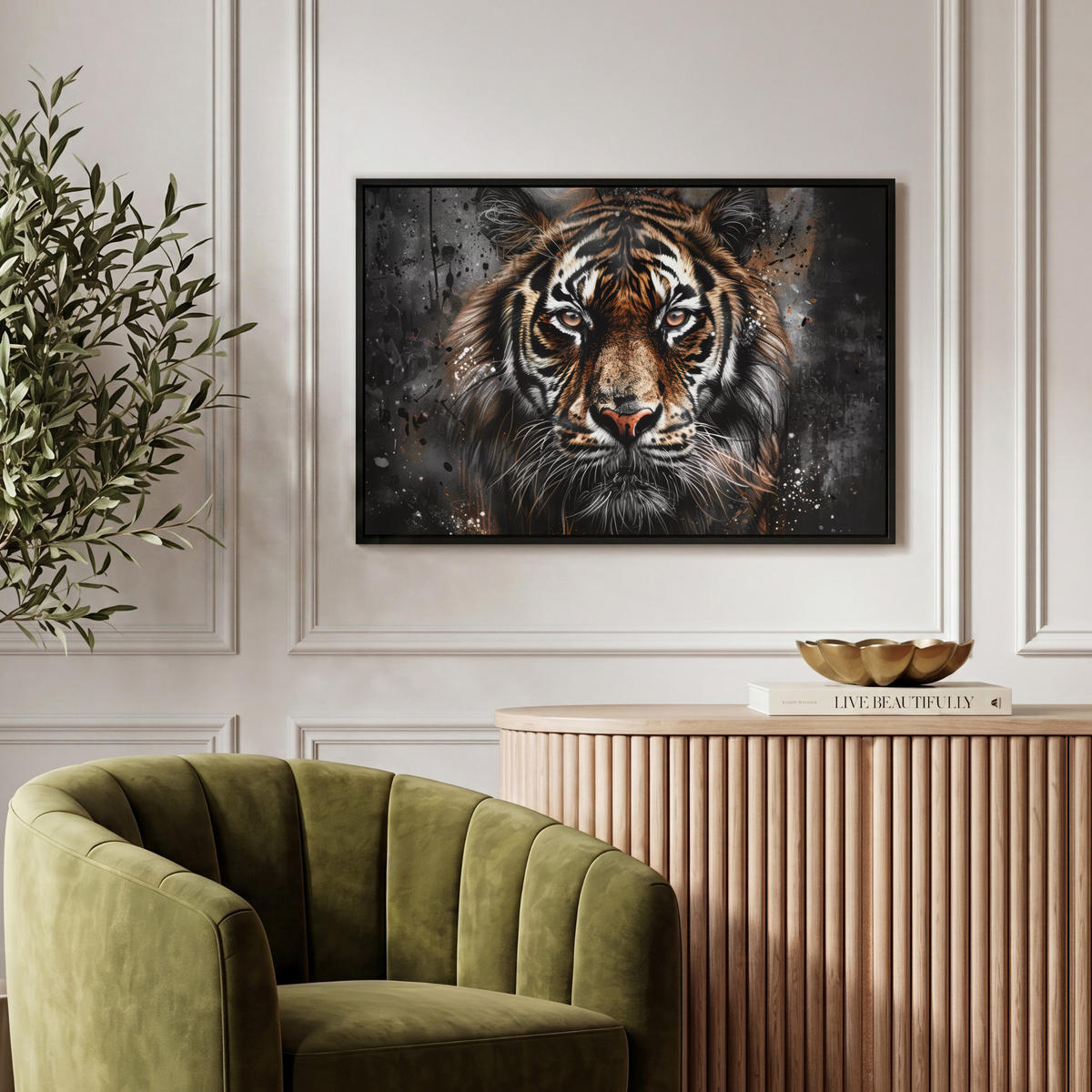 LEINWAND Bilder mit Rahmen - Tiger - Tiere - Porträt - Luxus - Schwarz - 60x40 - Braun, Textil (60/40cm) - MuchoWow