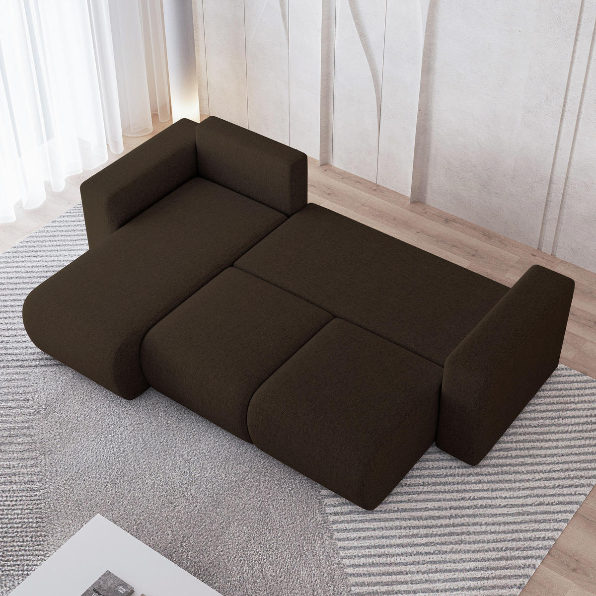 ECKSOFA RINOVA Braun Geflochtener Stoff mit Schlaffunktion - Dunkelbraun, Holz (250/143cm) - MASSENO