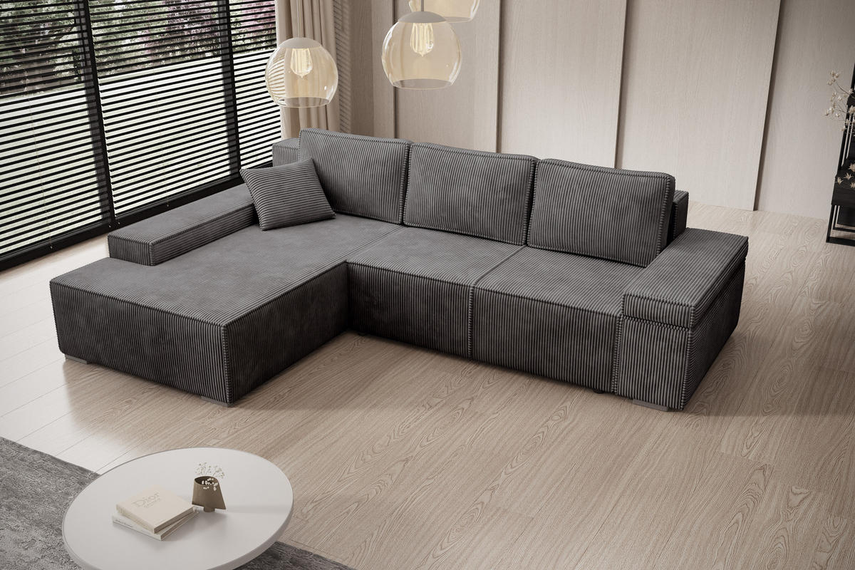ECKSOFA Milo mit Schlaffunktion und Bettkasten, Couch L-Form, Cord-Stoff, 273x85x185 cm, Dunkelgrau - Dunkelgrau, Holz (185/273cm) - PROMETO Möbel