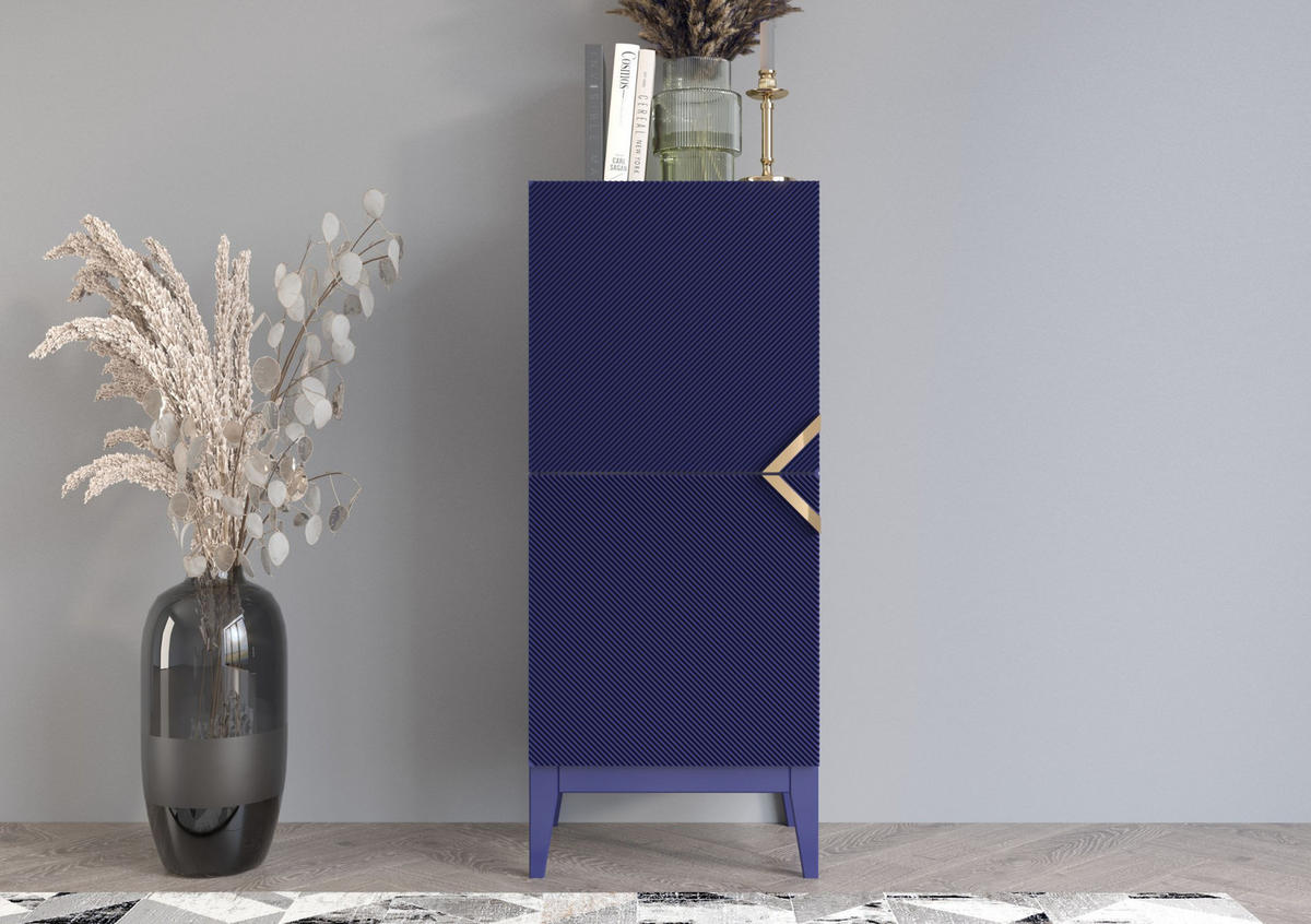 HIGHBOARD Demi 2D High, Marinblau-Gold, Mit Gefrästen Fronten, Massive Buche - Dunkelblau, Holz/Holzwerkstoff (50.5/120.5/42cm) - Visby