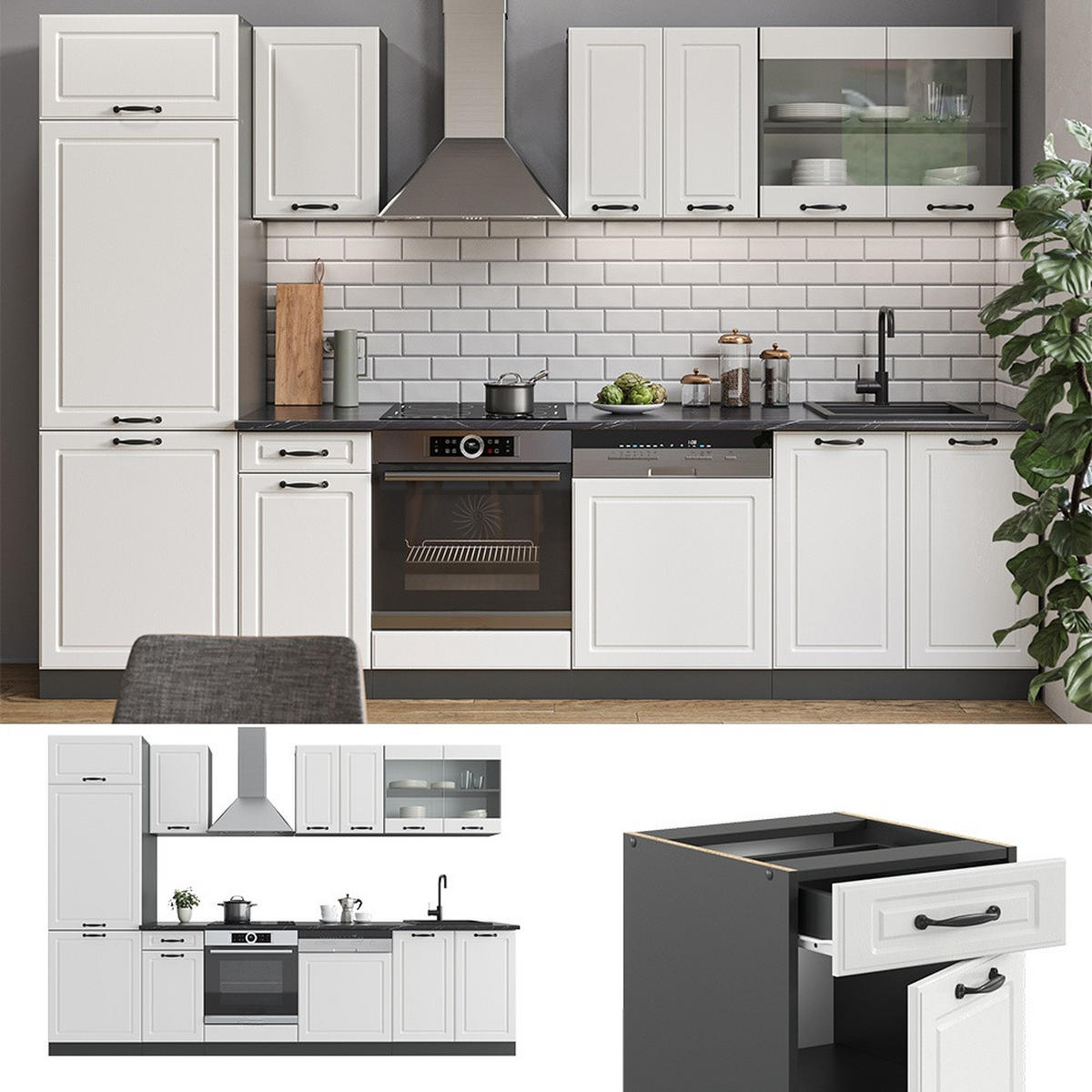 KUHINJSKI BLOK R-Line Bela podeželska hiša/antracit 300 cm , DP Hrast - bela/antracit, leseni material (300/206.8/60cm) - Vicco
