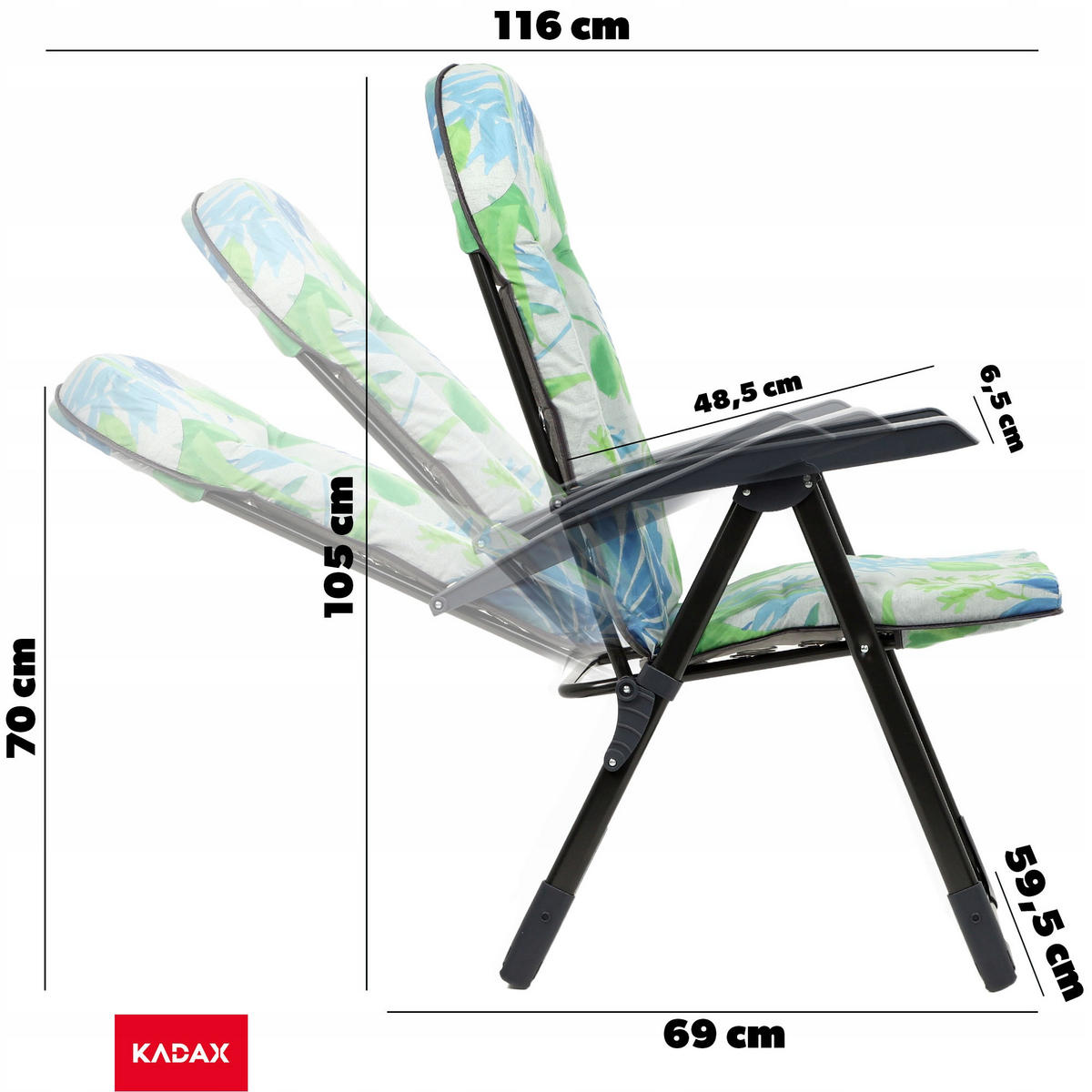 GARTENLIEGESTUHL 116 x 70 cm „Leaves“ - Blau/Grau, Metall (59/116cm) - KADAX