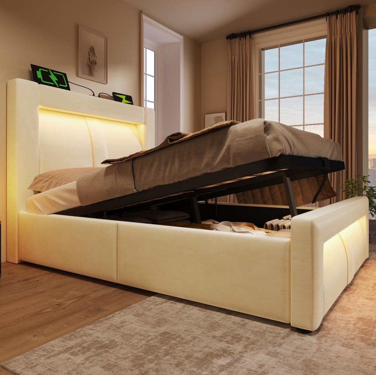 BETT 90/200 cm aus Samt mit Stauraum und LED-Beleuchtung in Beige - Beige, Textil (90/200cm) - Flora Grace