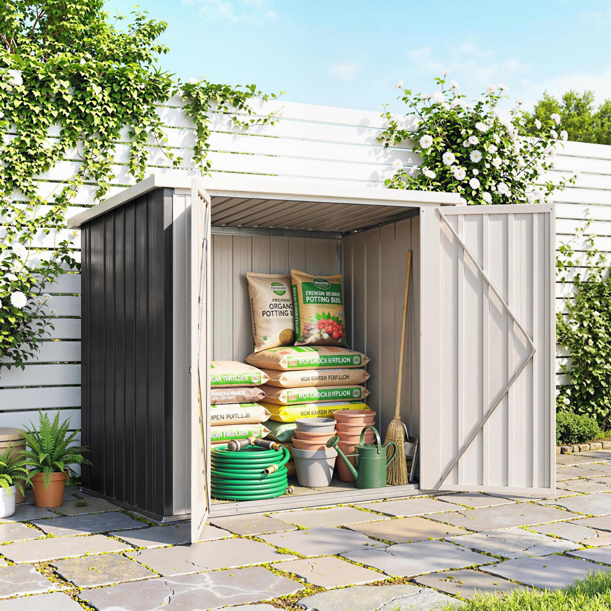 GARTENHAUS aus Stahlblech mit Doppeltüren 147 x 86 x 134 cm ,schwarz-weiß - Schwarz, Metall (86/134/147cm) - Vallsero
