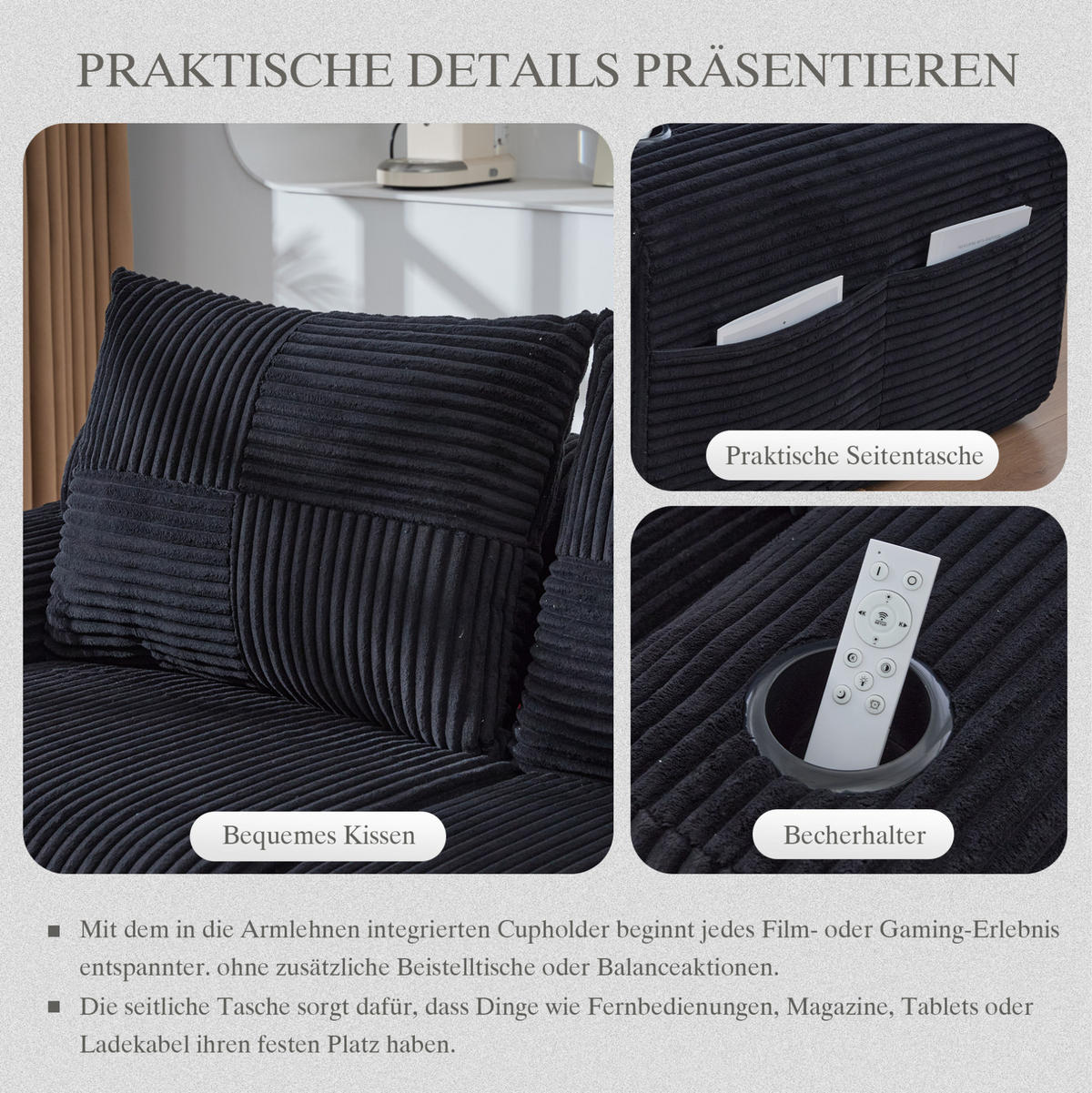 MODULARES 3-Sitzer Sofa Cordstoff mit Getränkehalter und Seitentasche 268/174/80 cm Schwarz - Schwarz, Textil (174/268cm) - Redom