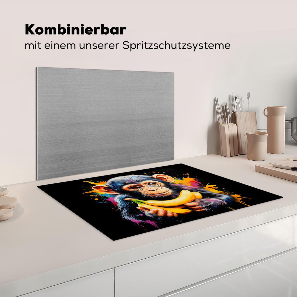 KRYT NA INDUKČNÍ DESKU Opice - Graffiti - Barevné - Banány - Moderní 75x52 cm - žlutá, plast (75/52/0.2cm) - MuchoWow