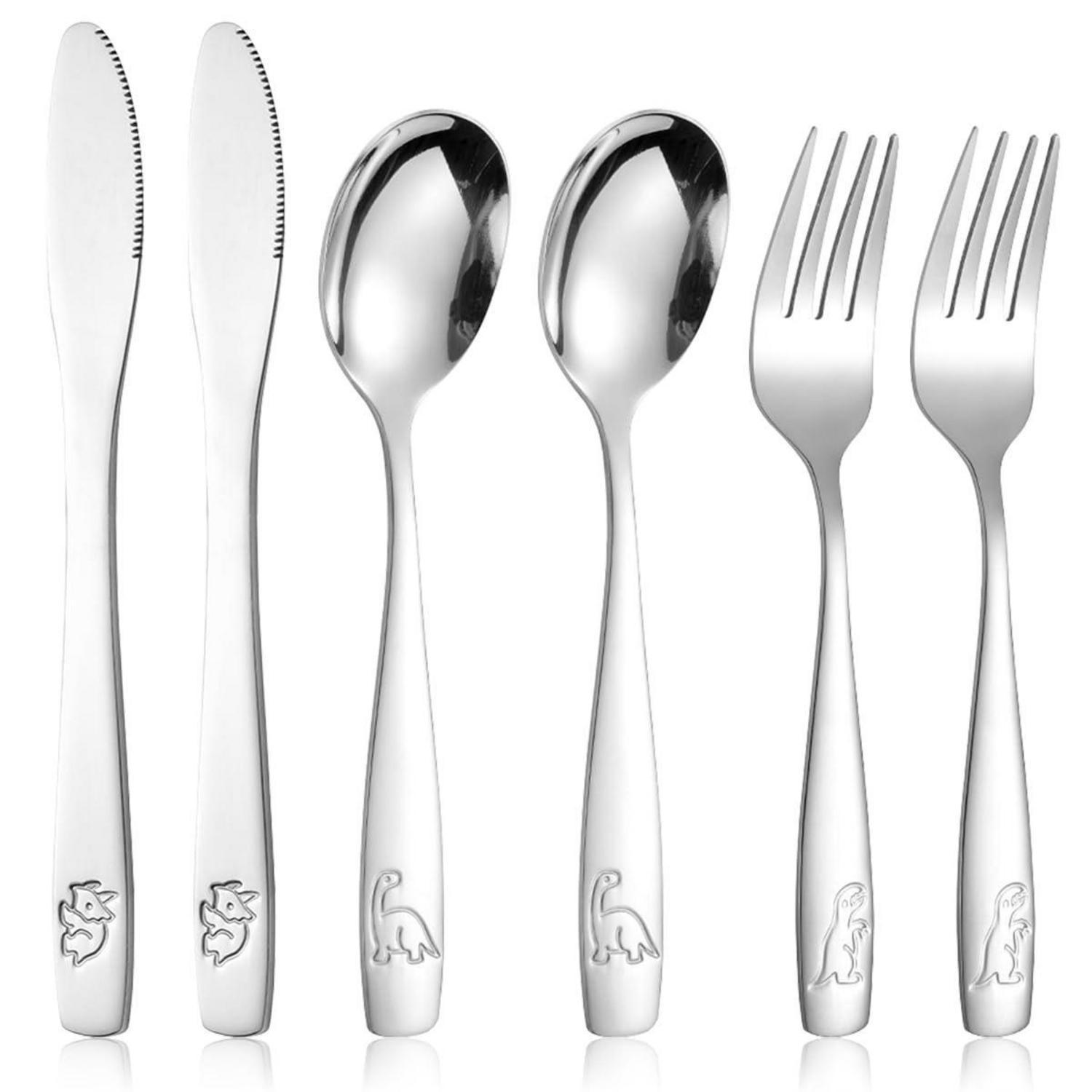 KINDERBESTECK 6-teiliges Set Edelstahl mit Dino-Motiv - Silberfarben, Metall