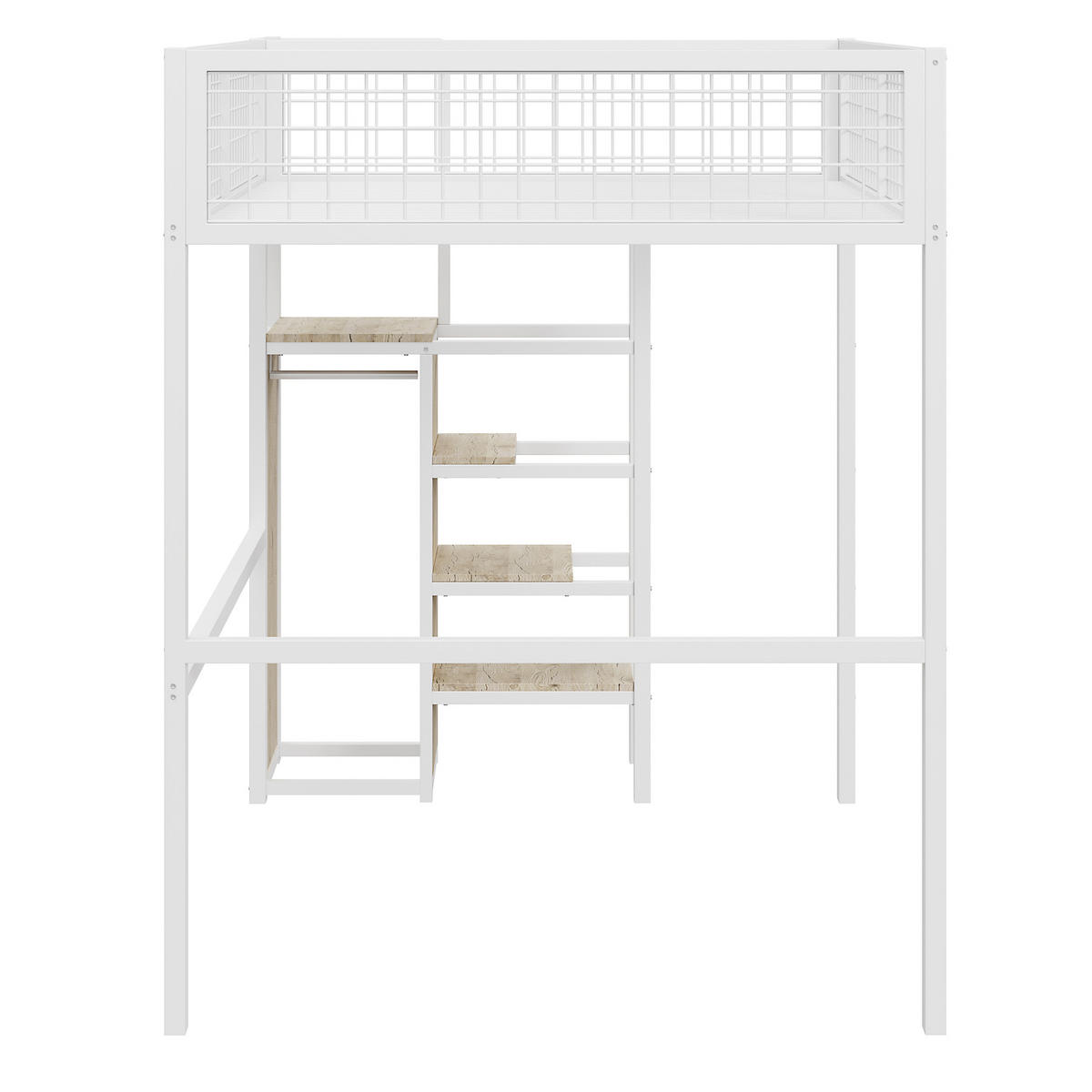VYSOKÁ posteľ 140/200 cm biela z kovu a MDF s rebríkom, šatníkom a úložným priestorom - biela, kov (140/200cm) - OKWISH