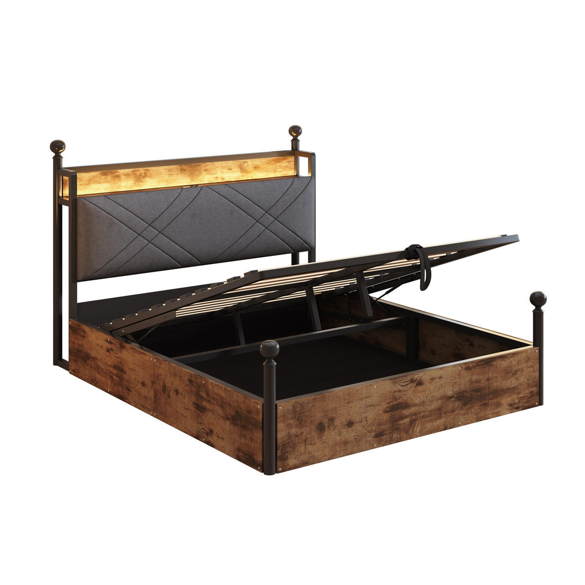 POLSTERBETT 140/190 cm Schwarz mit LED-Beleuchtung und USB-/Typ-C - Schwarz, Holz (140/190cm) - Oxeza