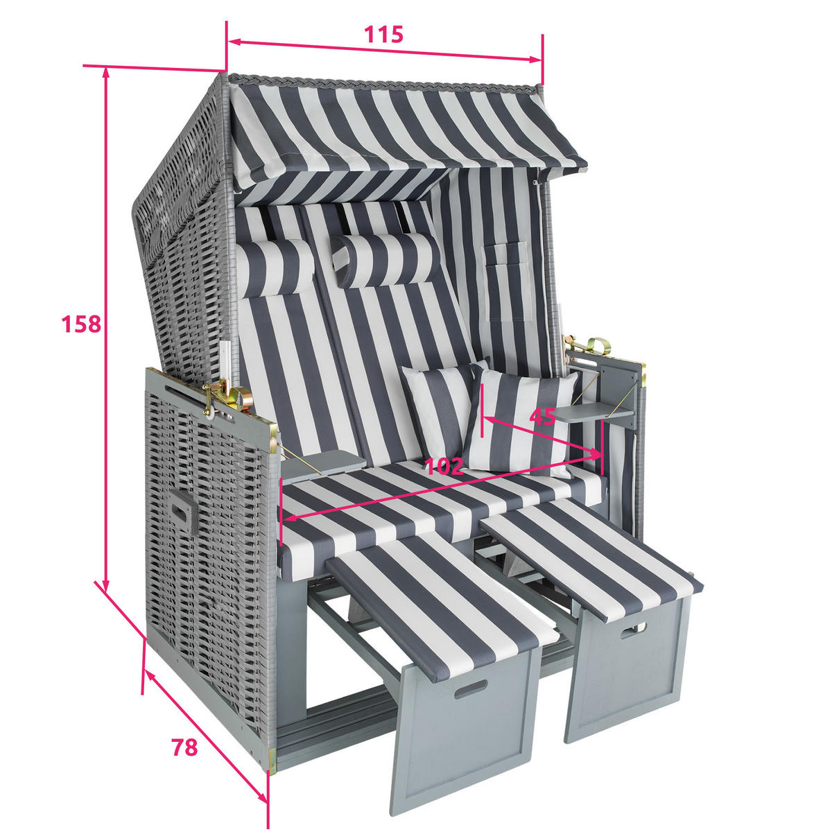 STRANDKORB Sylt,115 x 158 x 78 cm,grau/weiß - Weiß/Grau, Holz (78/158/115cm) - tectake