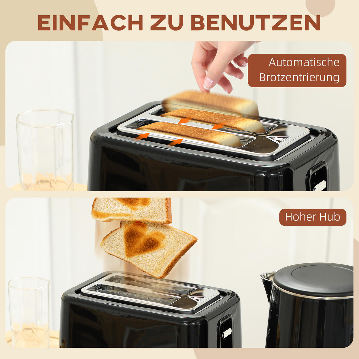 TOASTER mit Wasserkocher DE-07870 7 Bräunungsstufen, 1,5 L Schwarz - Schwarz, Kunststoff (15.5/25.1/21.5cm) - ComfortXL