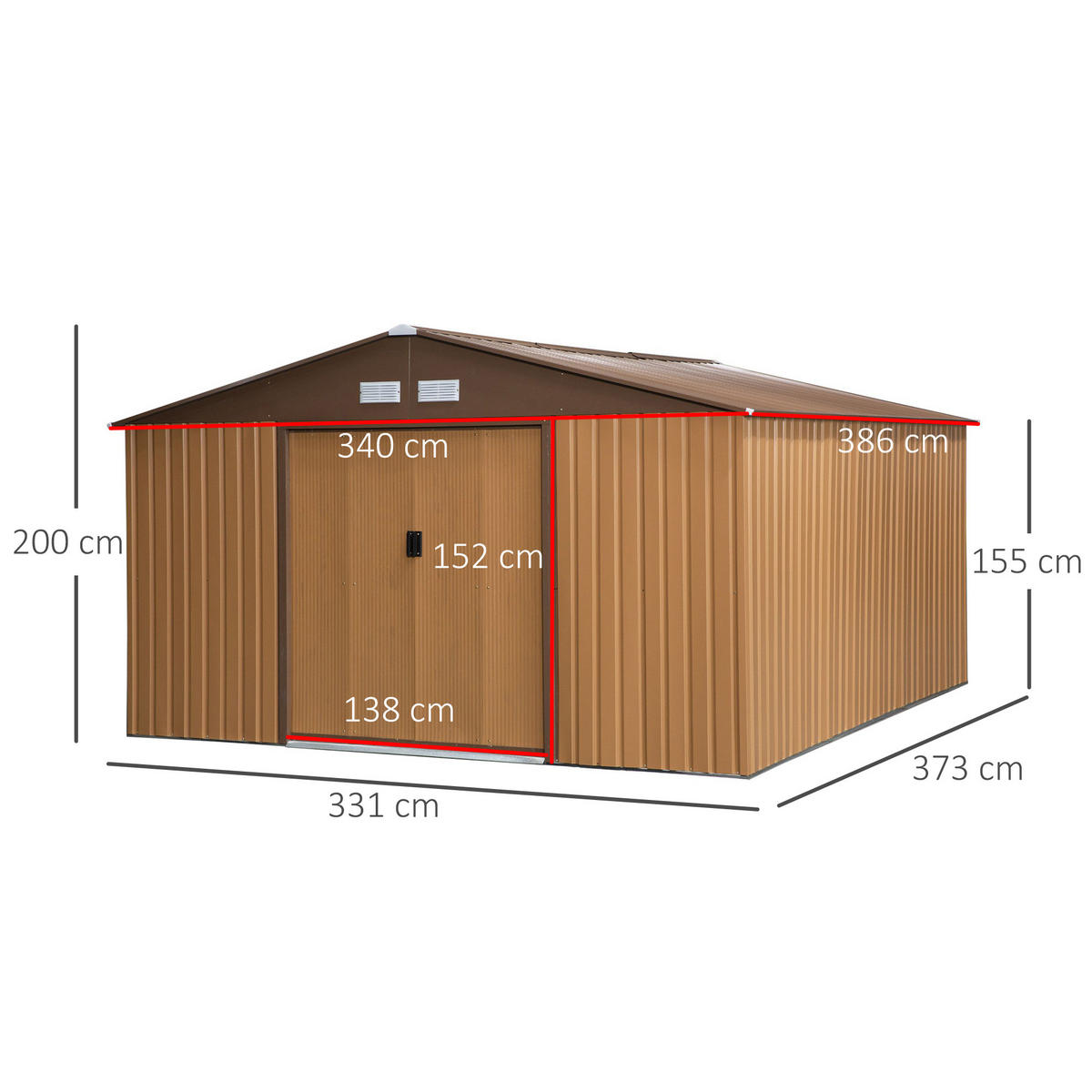 STAHL Gerätehaus mit Bodenplatte, 20m³ Geräteschuppen, Fahrradschuppen, Braun - Braun, Metall (386/200/340cm) - Outsunny