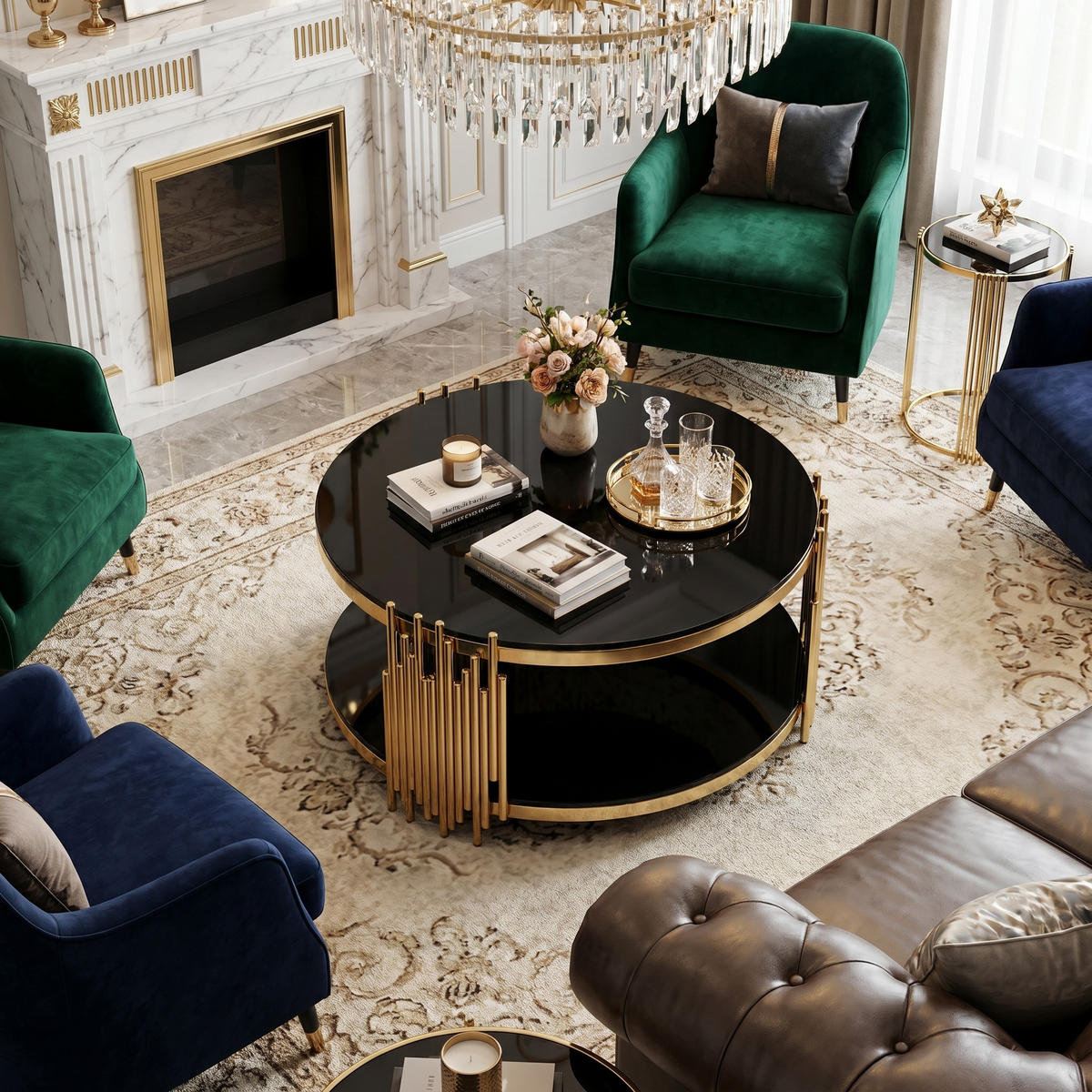 COUCHTISCH rund in Schwarz und Gold, Ø 80 cm, Doppelglas und Edelstahlgestell - Goldfarben, Metall (80/80/45cm) - Urban Meuble