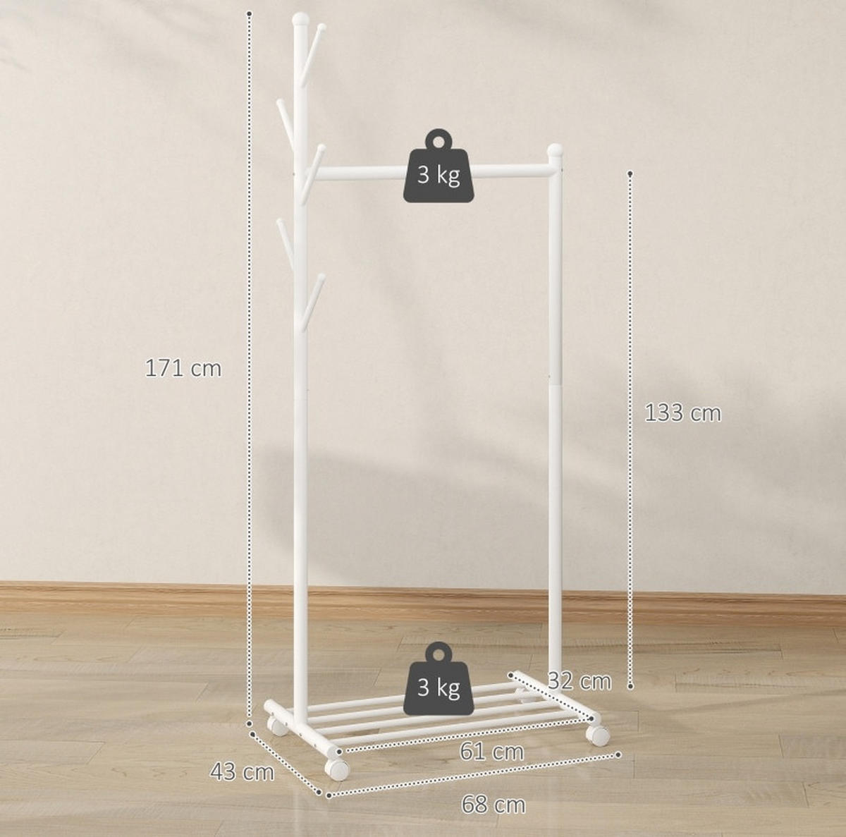 STANDGARDEROBE in Weiß mit 5 Haken, Kleiderstange und Schuhablage 68/43/171 cm - Weiß, Metall (68/171/43cm) - BEAOK