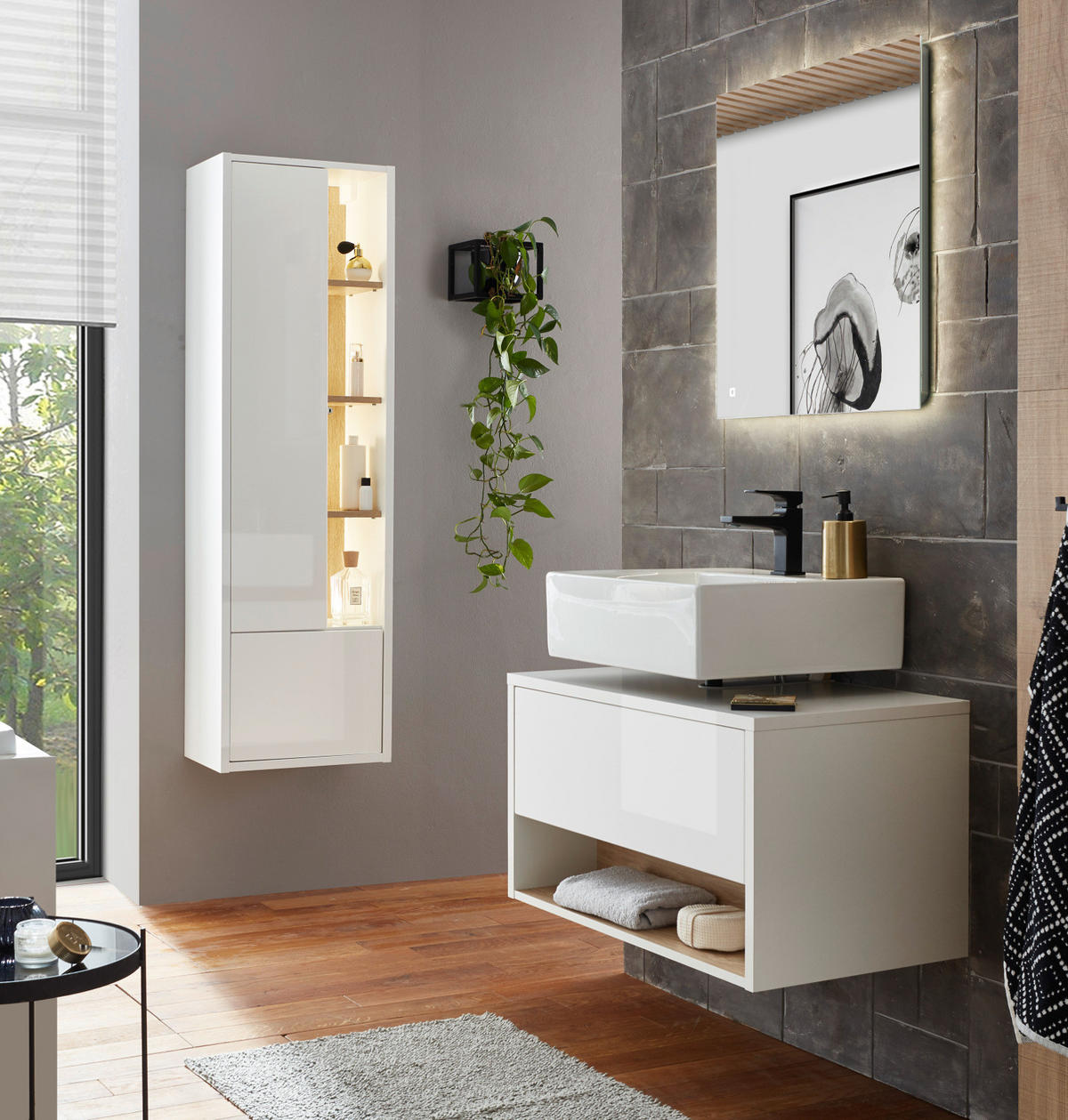 BADMÖBEL-SET 3-teilig weiß Hochglanz, Eiche, Komplettset mit LED Beleuchtung 135 cm - Weiß Hochglanz, Glas/Holzwerkstoff (135/190/46cm) - Furn.Design