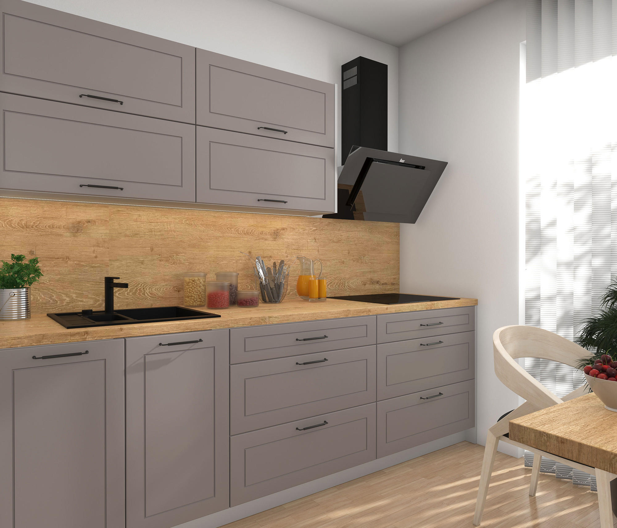 KÜCHENZEILE Kvantum Grau / Beige Matt 240 / 51,6 / 207cm (HETTICH Vollauszug) - Beige/Grau, Holzwerkstoff/Metall (240/207/51.6cm) - Feldmann-Wohnen