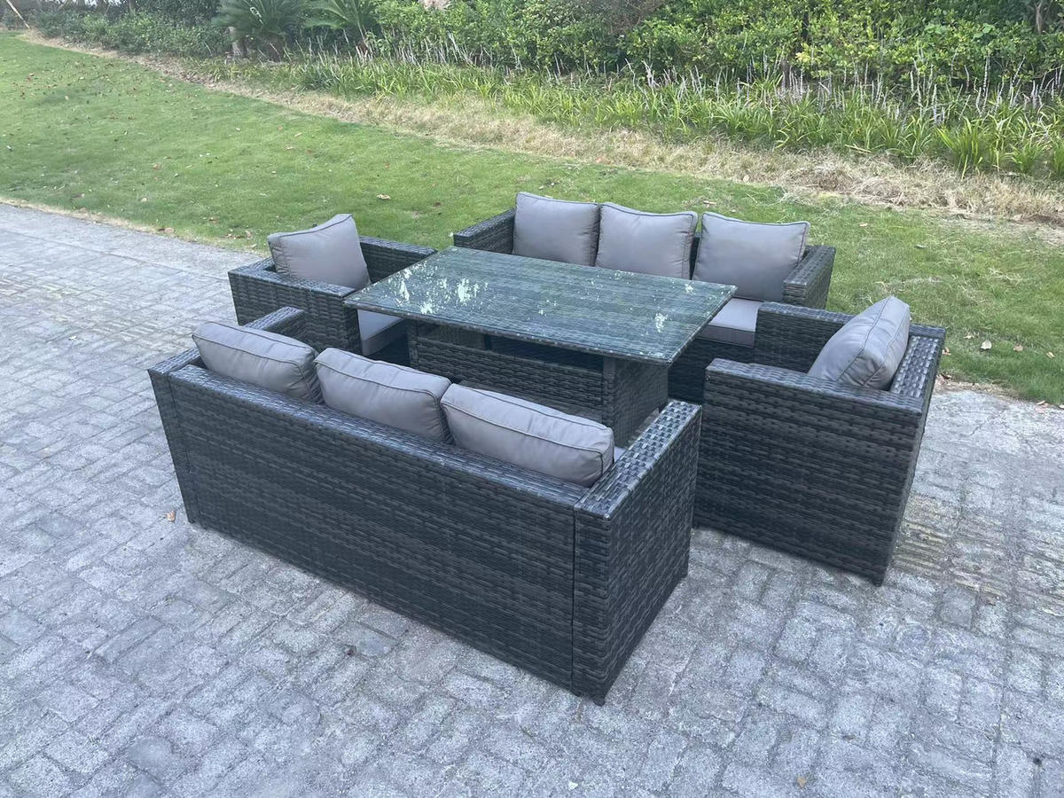 SITZGRUPPE Polyrattan Dunkelgrau 8-Sitzer - Dunkelgrau/Grau, Glas/Kunststoff - Fimous
