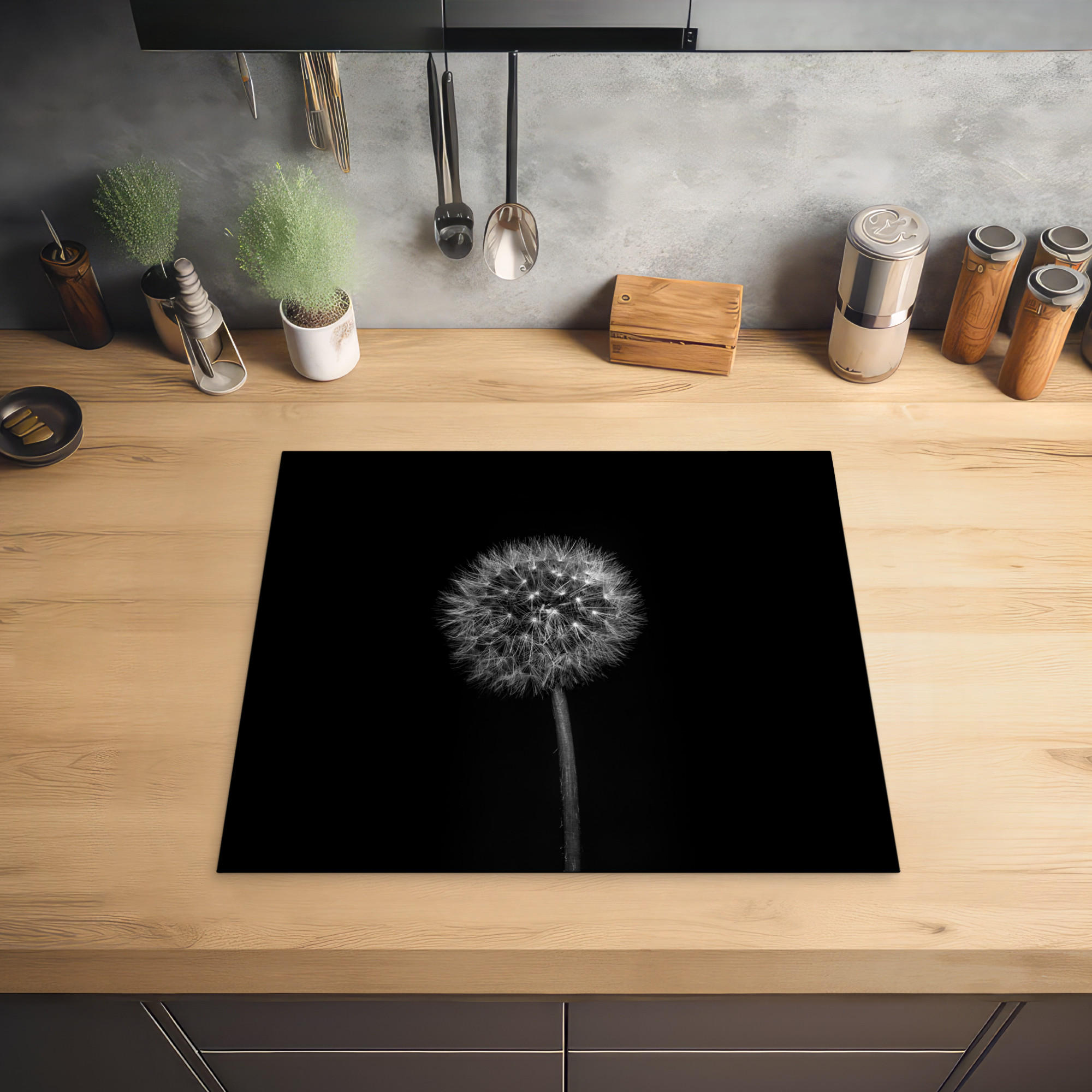 HERDABDECKPLATTE Löwenzahn - Schwarz - Floral - Botanisch 58x51 cm - Grau, Kunststoff (58.3/0.2/51.3cm) - MuchoWow