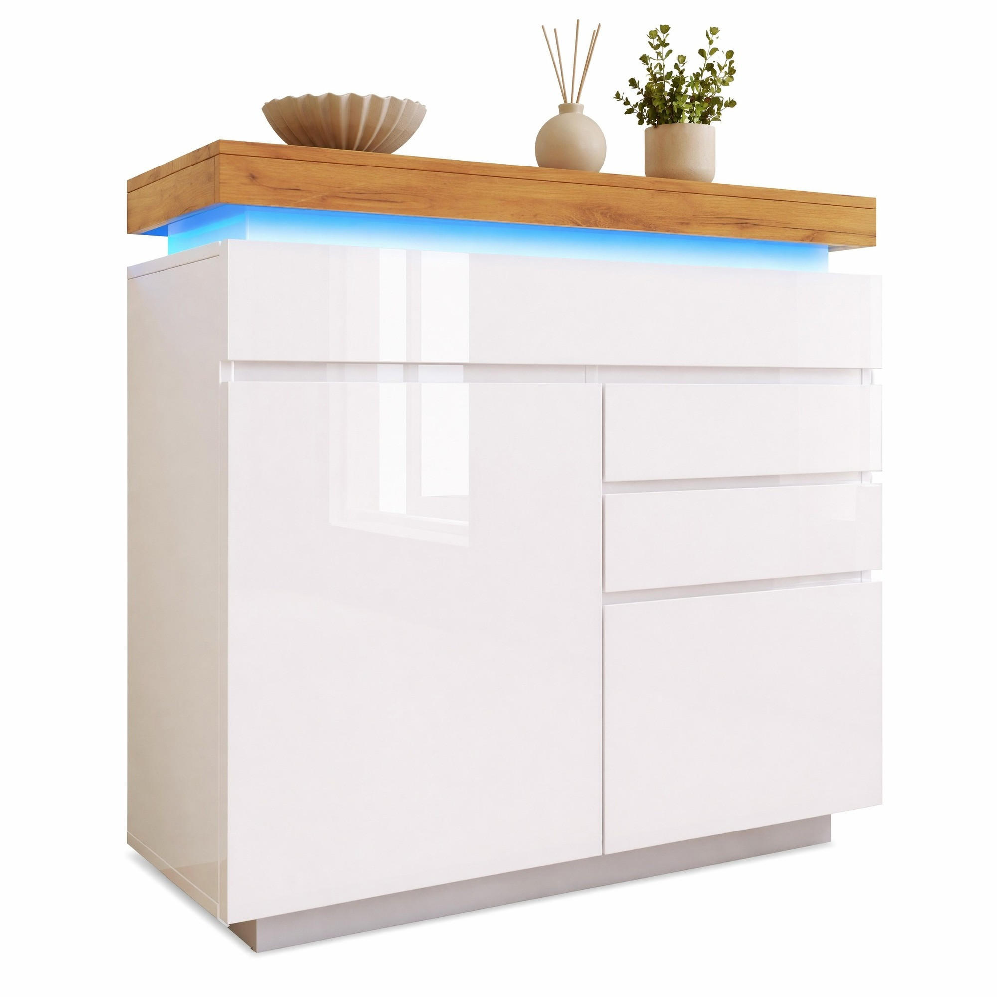 SIDEBOARD in Weiß Hochglanz Sideboard mit Schubladen und LED für Wohnzimmer und Schlafzimmer, B110/T39/H115 cm - Weiß, Holzwerkstoff (110/115/39cm) - STILVORA