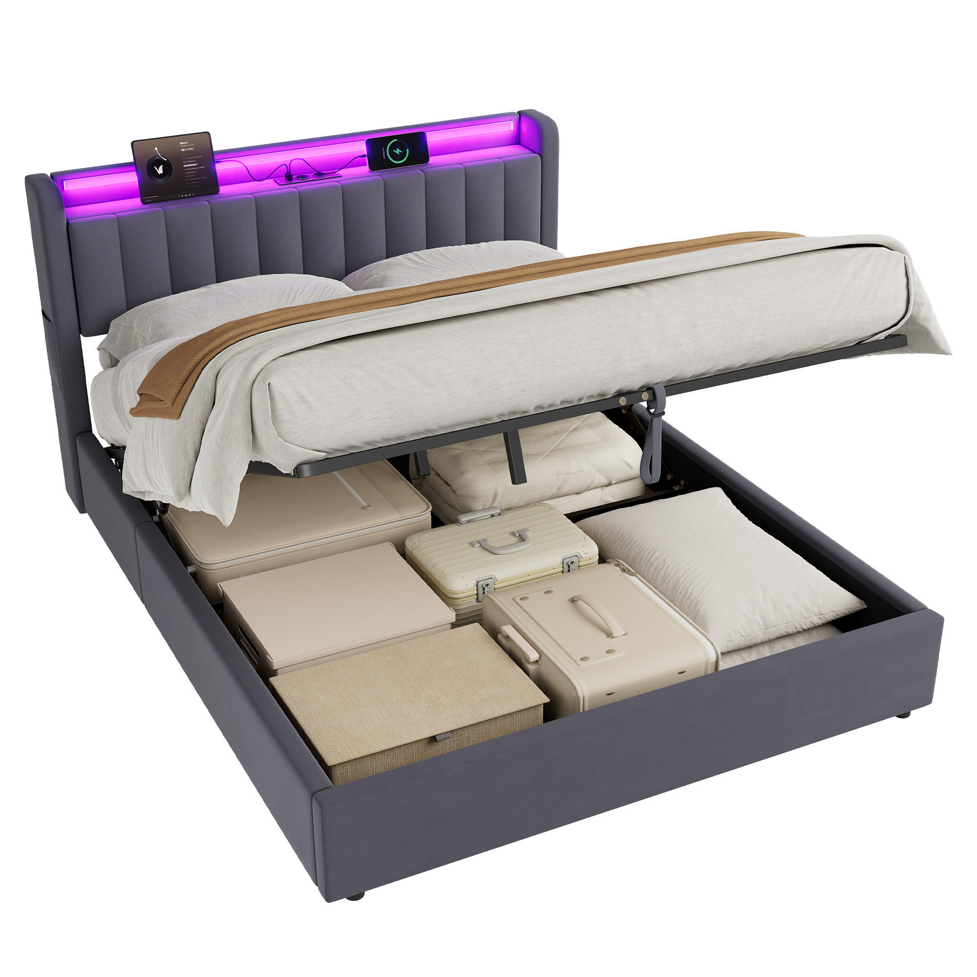 ČALÚNENÁ posteľ 160/200cm tmavosivá zo zamatu, kovu a dreva s LED svetlom, USB konektorom a úložným priestorom - sivá, textil (160/200cm) - Modfu
