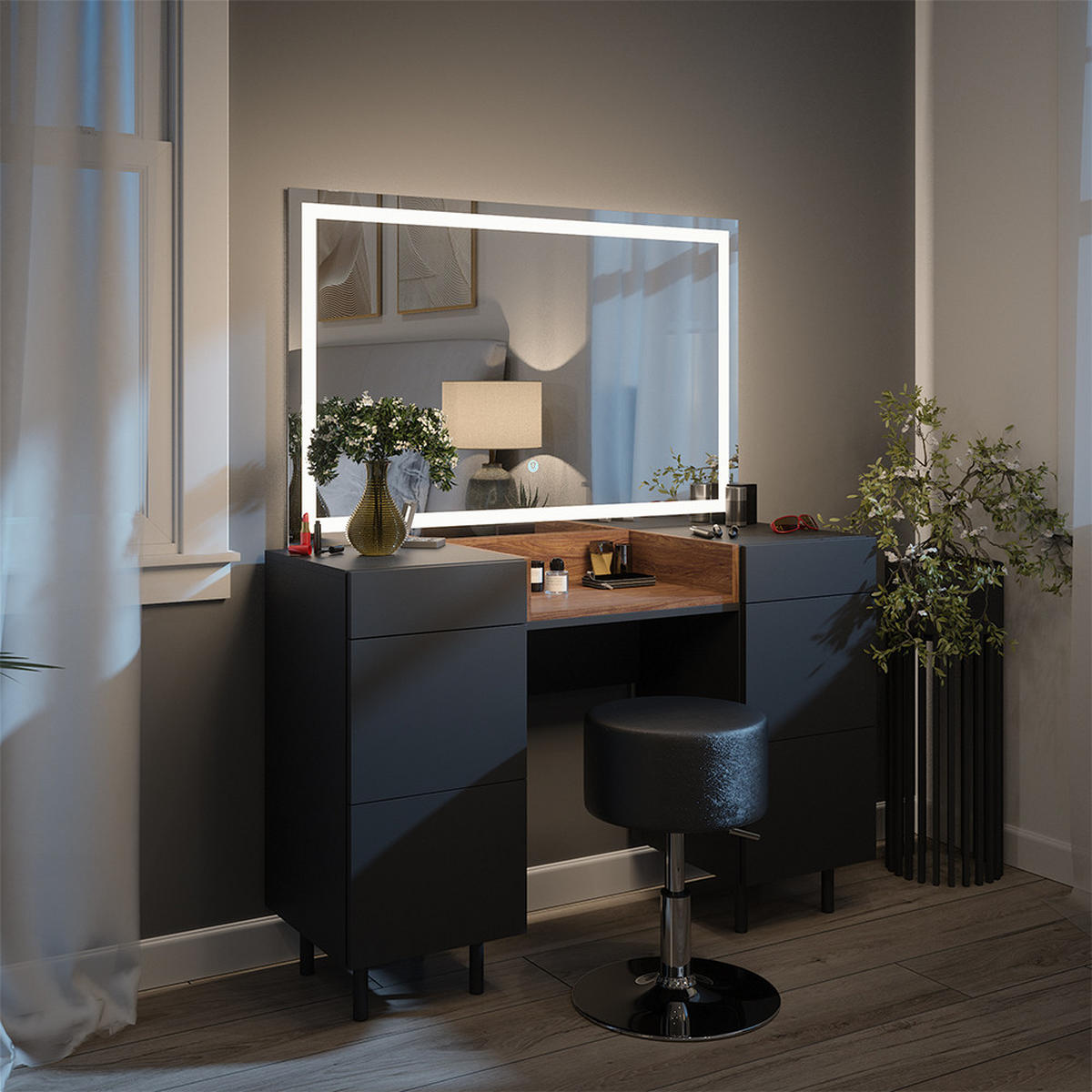 SCHMINKTISCH Anika Anthrazit 120 cm mit LED Spiegel und Hocker - Anthrazit/Walnussfarben, Holzwerkstoff (120/80/40cm) - Vicco