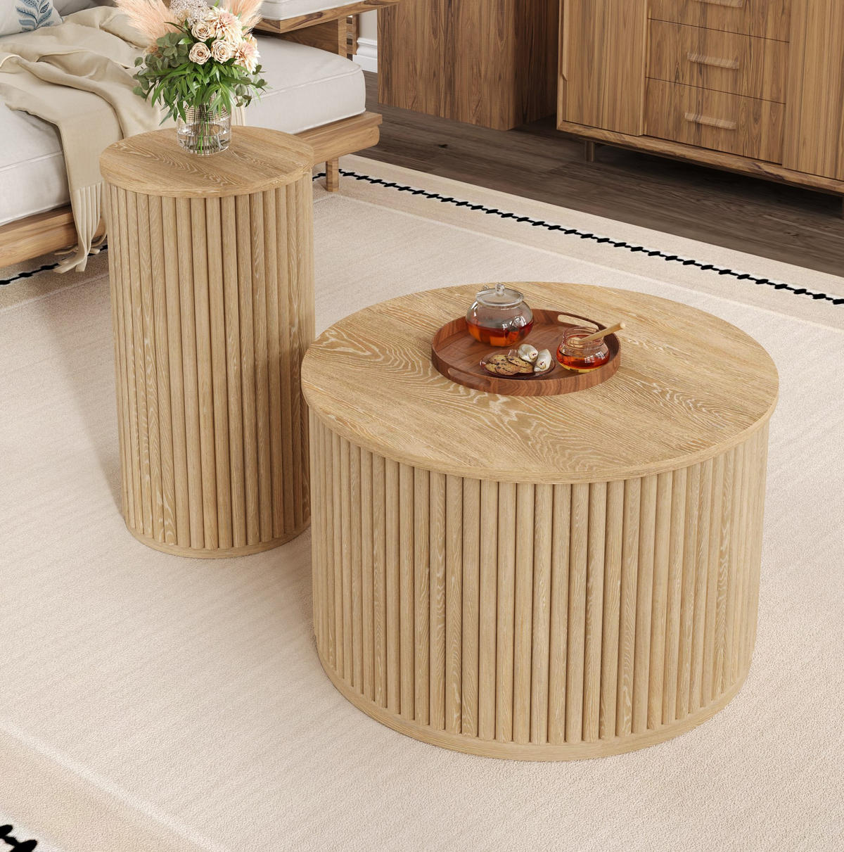 SET klubskih stolića 60/60/38,5 i 30/30/56 cm prirodne boje od MDF-a s 3D prugastim uzorkom - prirodne boje, drvni materijal (60/60/38.5cm) - OKWISH
