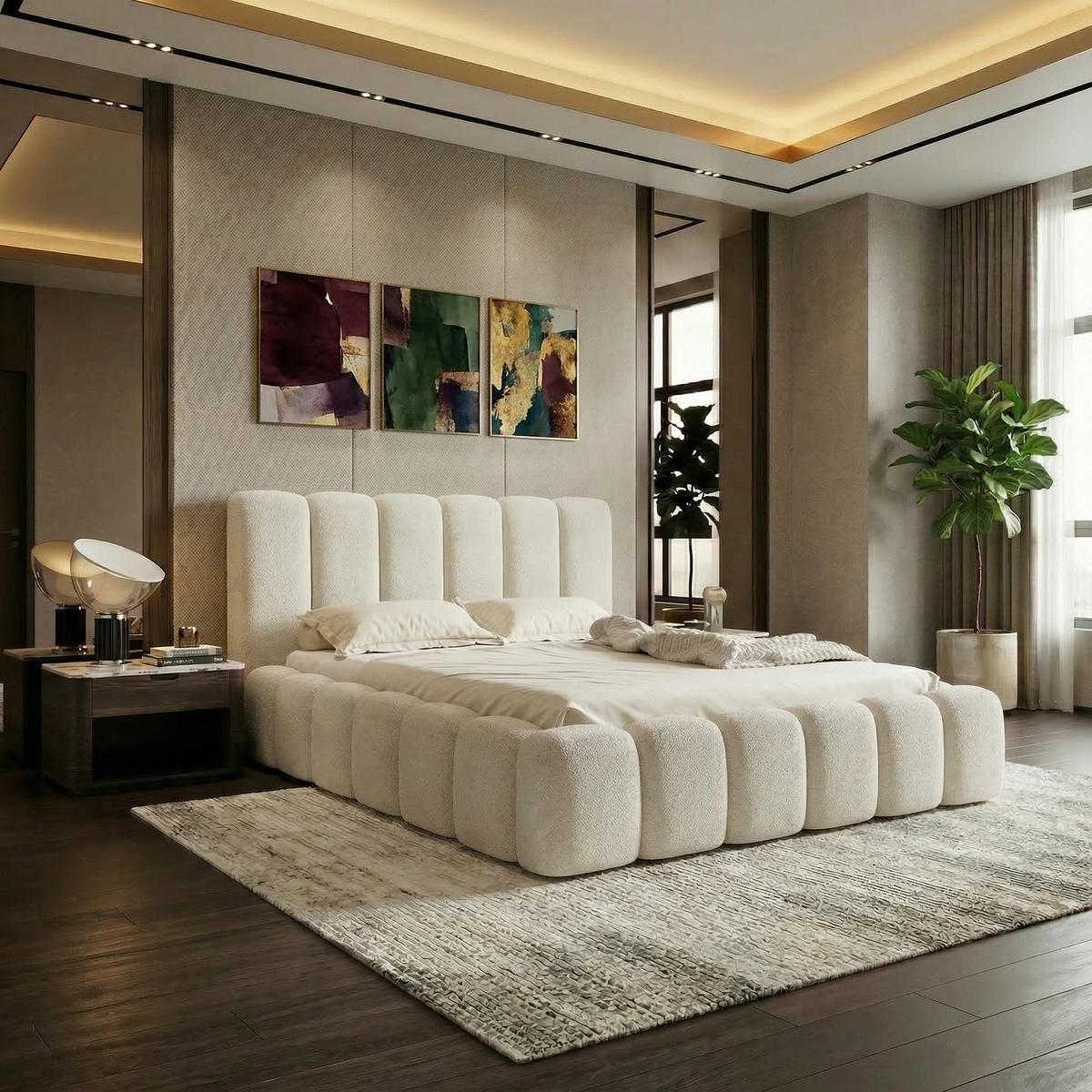 POLSTERBETT VELORA 180x200cm mit Bettkasten & Metallgestell - Bouclé Stoff ECRU GERRA - Ecru, Textil (180/200cm) - Luxkor24