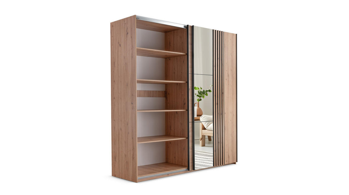 SCHWEBETÜRENSCHRANK ATROX 203/215/65 cm 2-türig mit Spiegel Weiß - Eiche Wotan/Weiß, Holzwerkstoff (203/215/65cm) - MASSENO