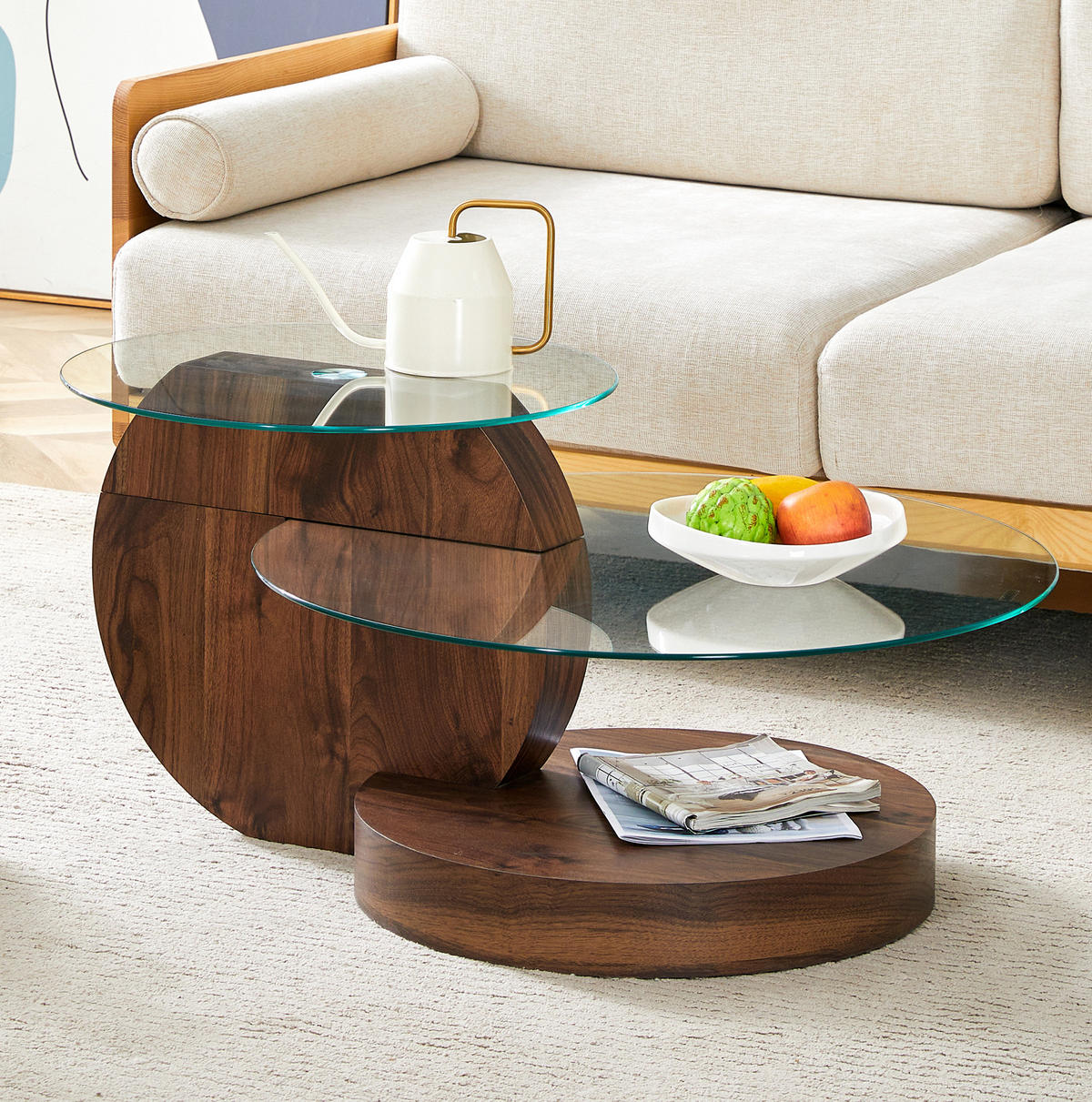 COUCHTISCH 70/90/44 cm mit Glasplatten, mehrstufige Ablage und MDF-Gestell in Holzoptik, Transparent/Walnuss - Walnussfarben, Holzwerkstoff (90/70/44cm) - Redom