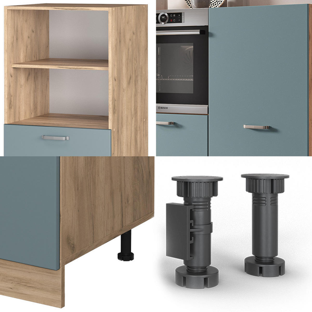 EINBAUKÜCHE R-Line Blau-Grau/Goldkraft Eiche 180 cm ohne AP - Honigeiche/Blaugrau, Holzwerkstoff (180/81.6/46cm) - Vicco