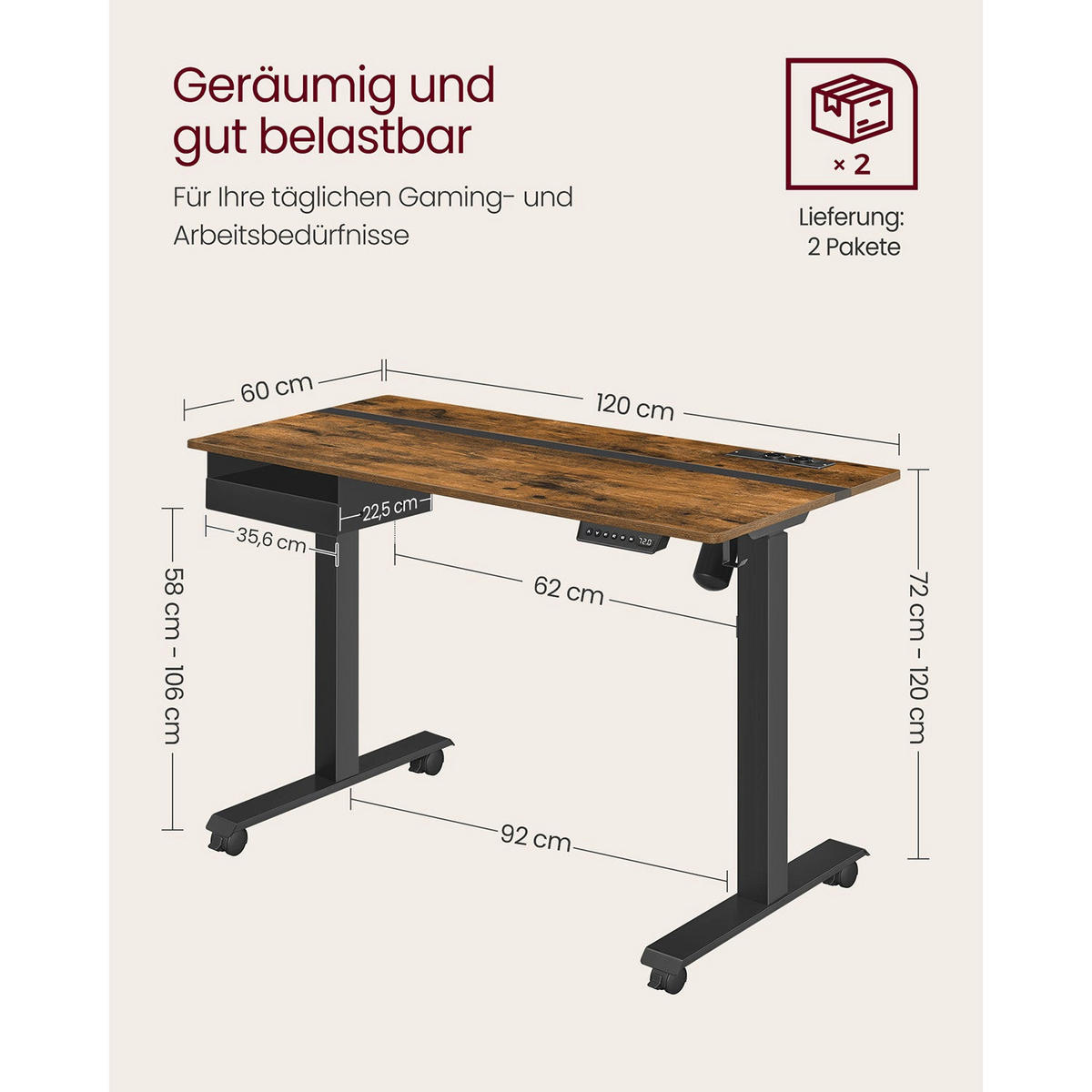 HÖHENVERSTELLBARER SCHREIBTISCH ALMATY - Braun, Holzwerkstoff (60/120/120cm) - Hansiro